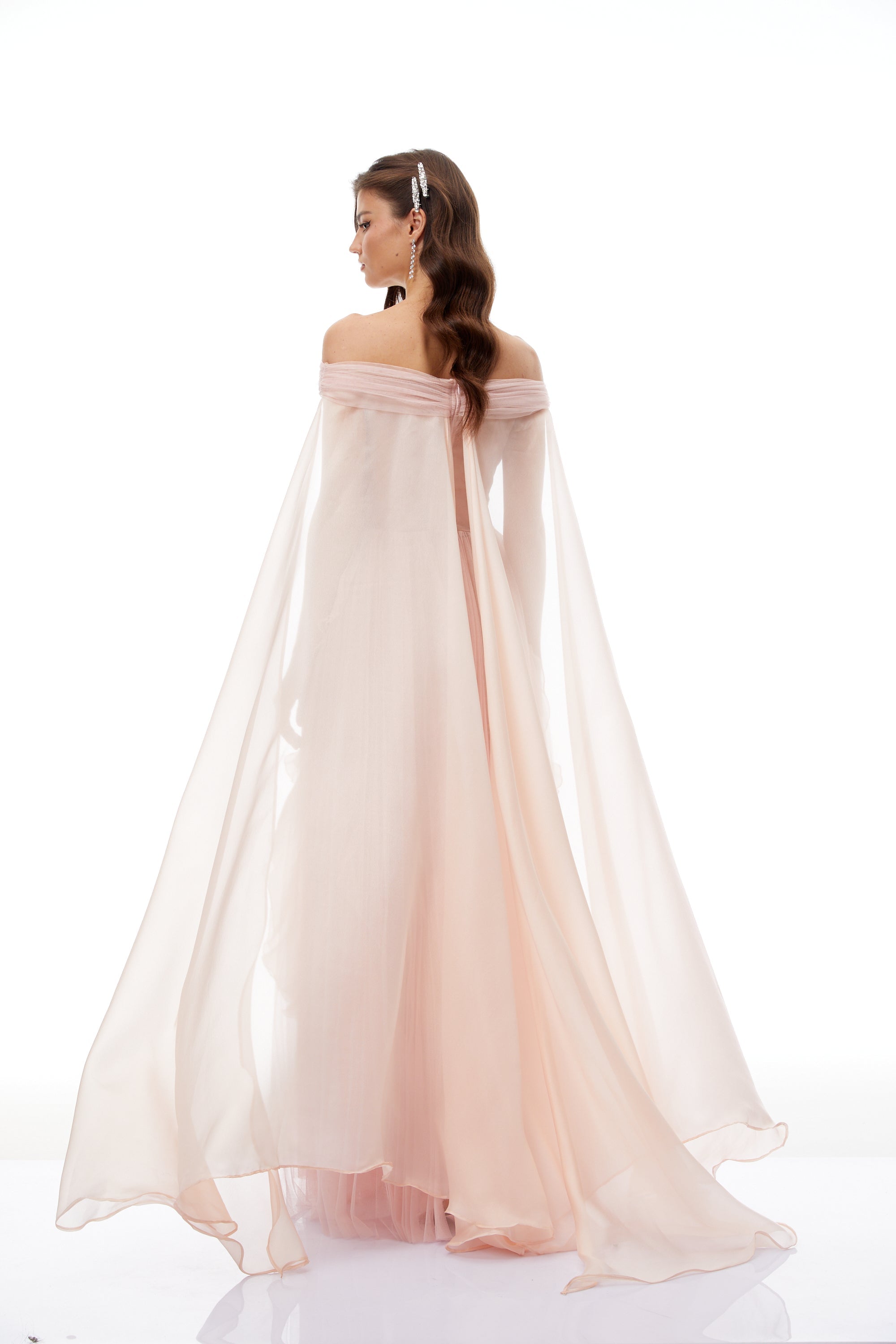 Emil Pink Ribbon Detail Pleated Tulle Maxi Dress