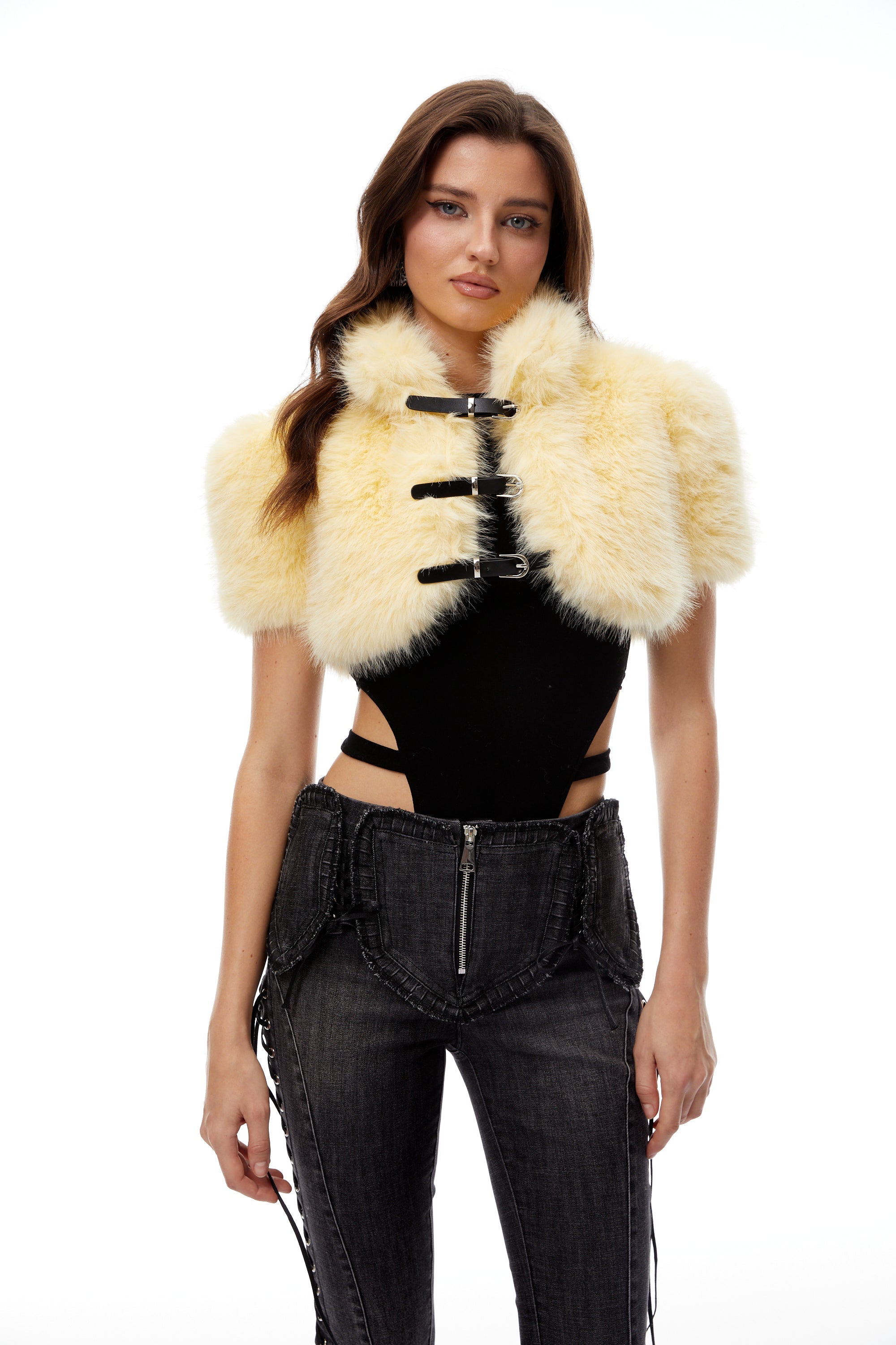 Susanna Yellow Faux Fur Buckle Up Shrug