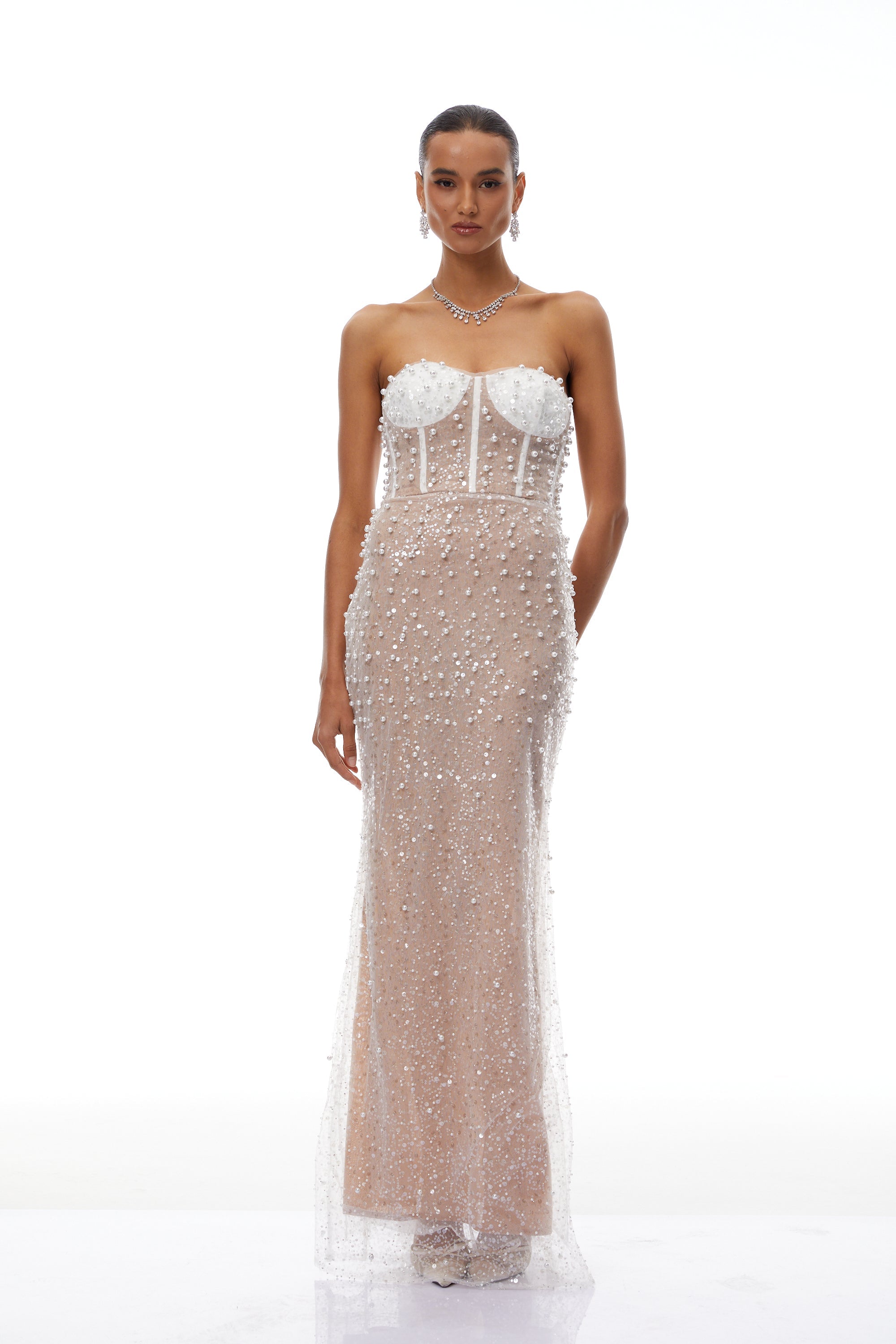 Marjorie Neutrals Pearl Embellished Mermaid Maxi Dress (Final Sale)