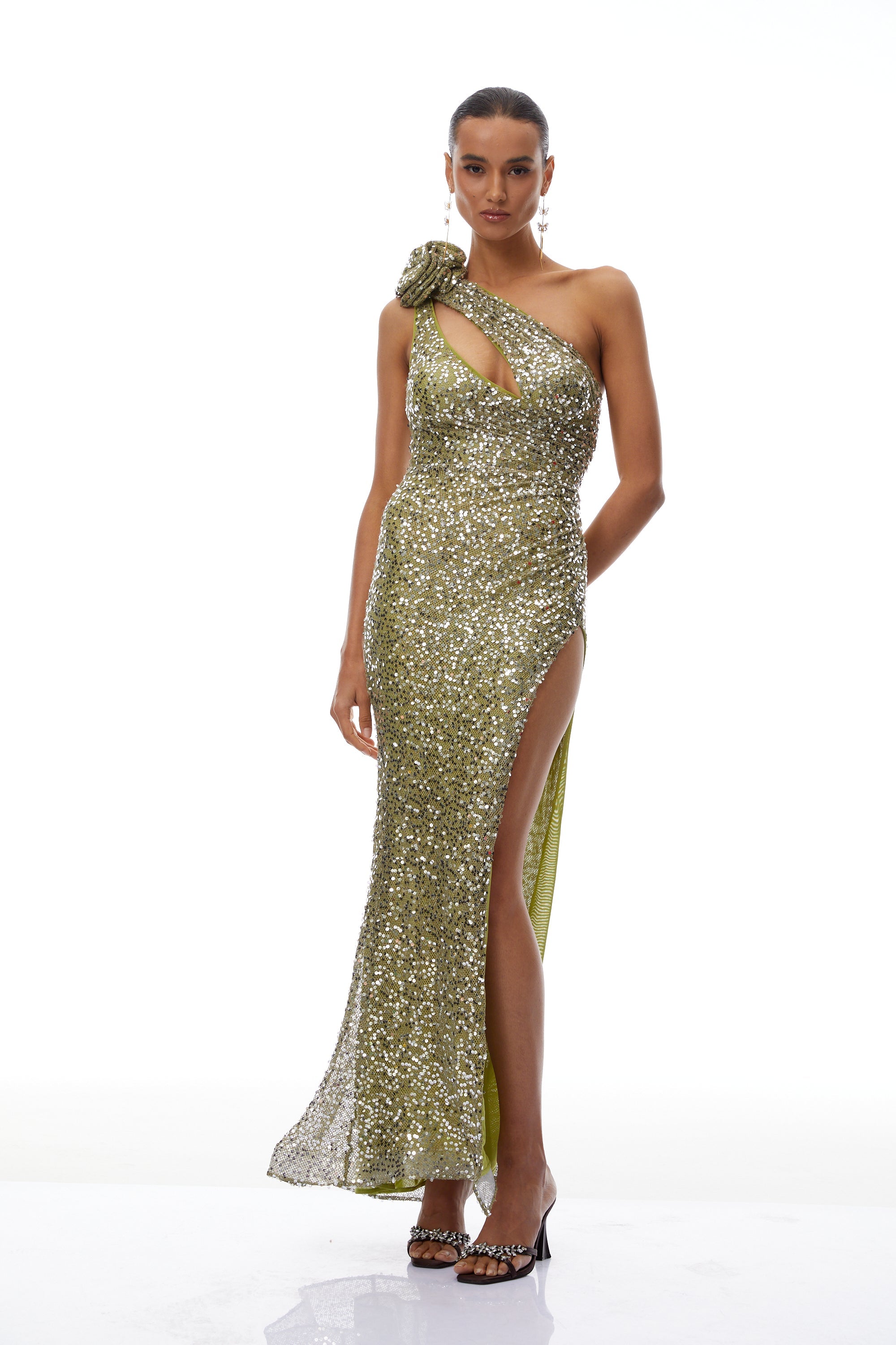 Nicola Green Asymmetrical Sequin Embellished Maxi Dress