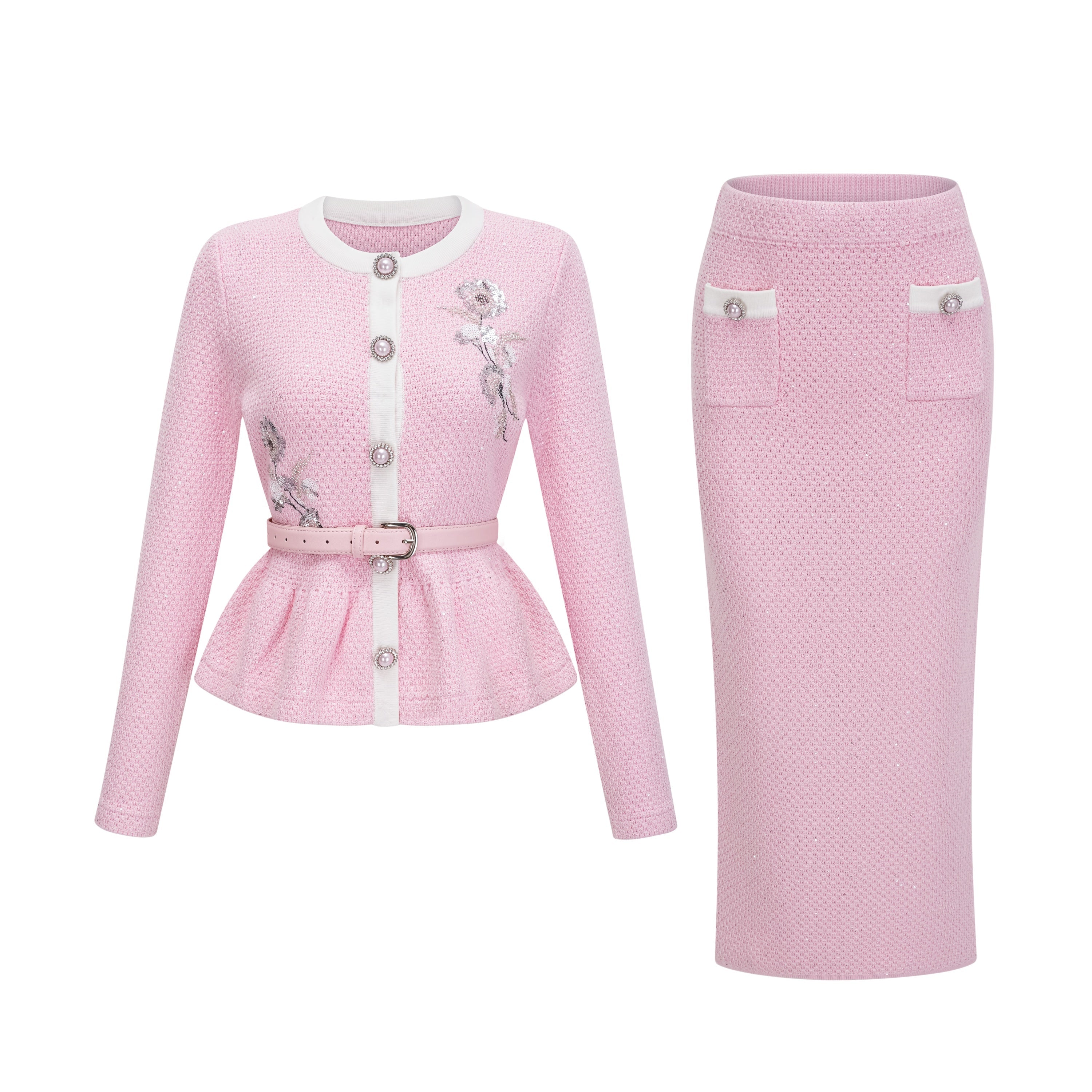 Ásdís Pink Sequined Knit Cardigan & Skirt Set