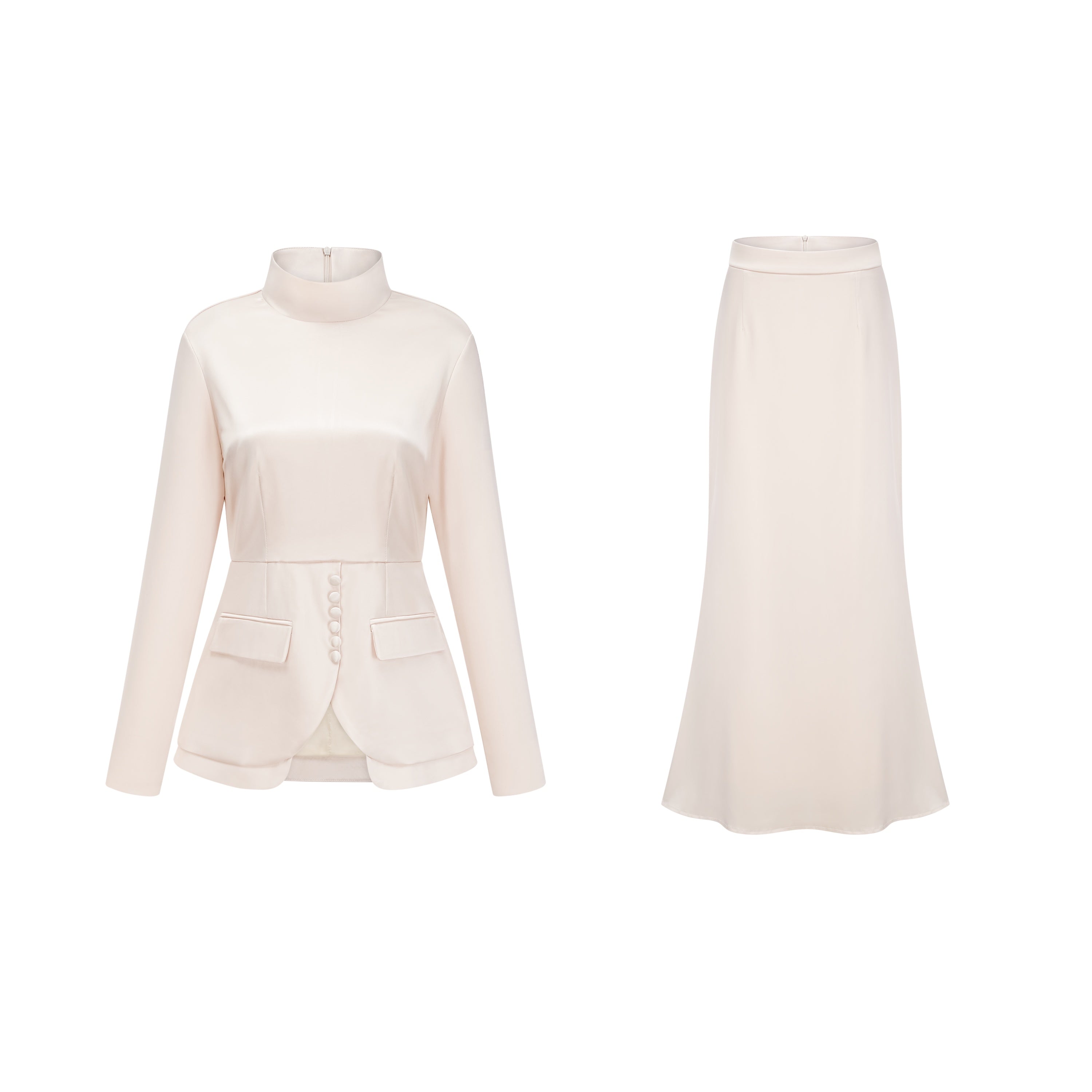 Roxanne Neutral Mock Neck Blouse & Mermaid Skirt Set (Final Sale-US Only)