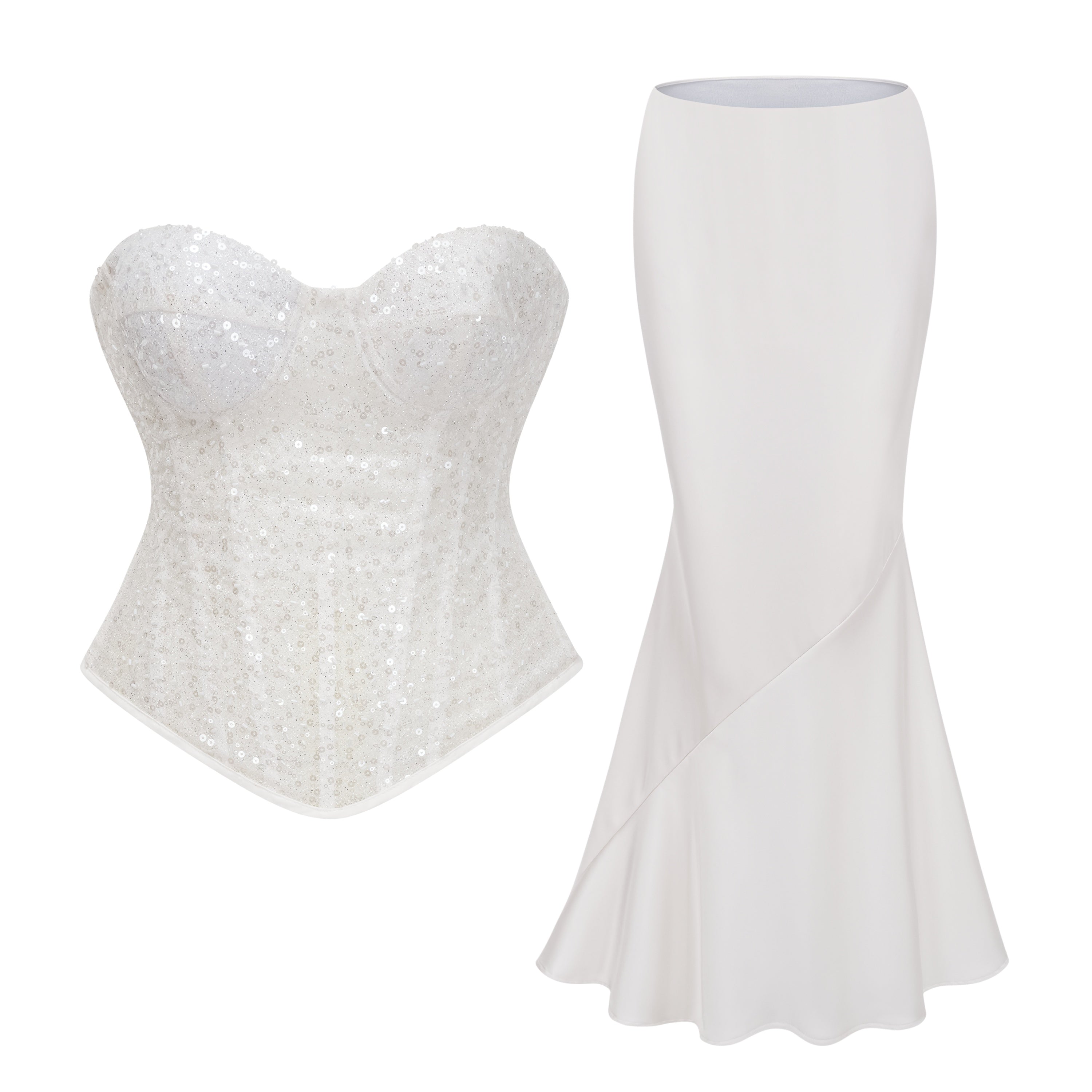 Zora White Sequin Corset Top & Satin Skirt Set (Final Sale-US Only)