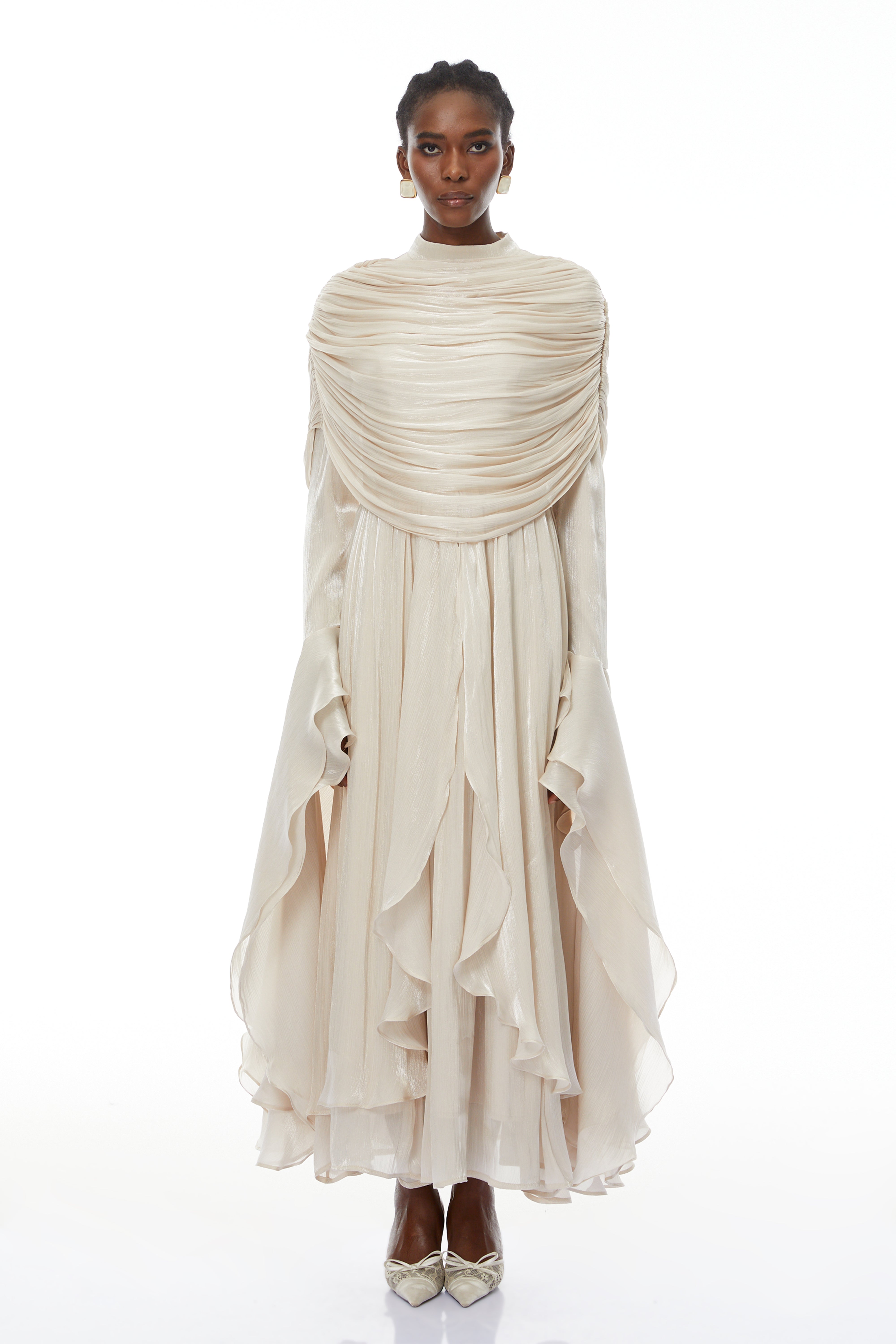 Gustave Neutral Ruched Cape Ruffled Maxi Dress (Final Sale-US Only)