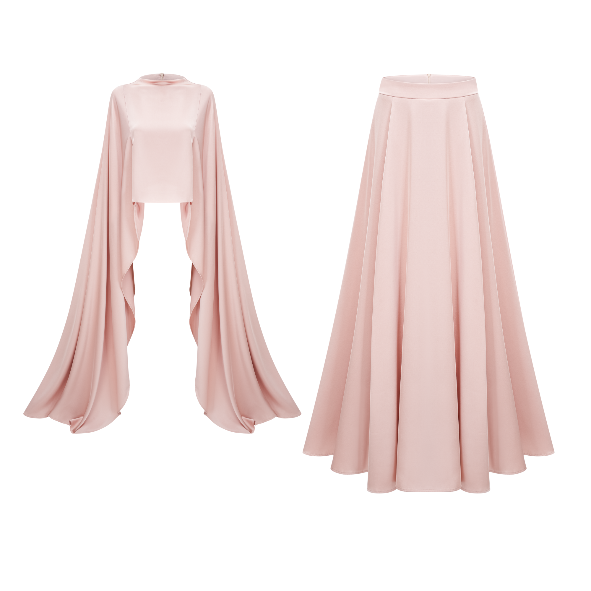 Everleigh Champagne Satin Top & Skirt Set With Cape Detail