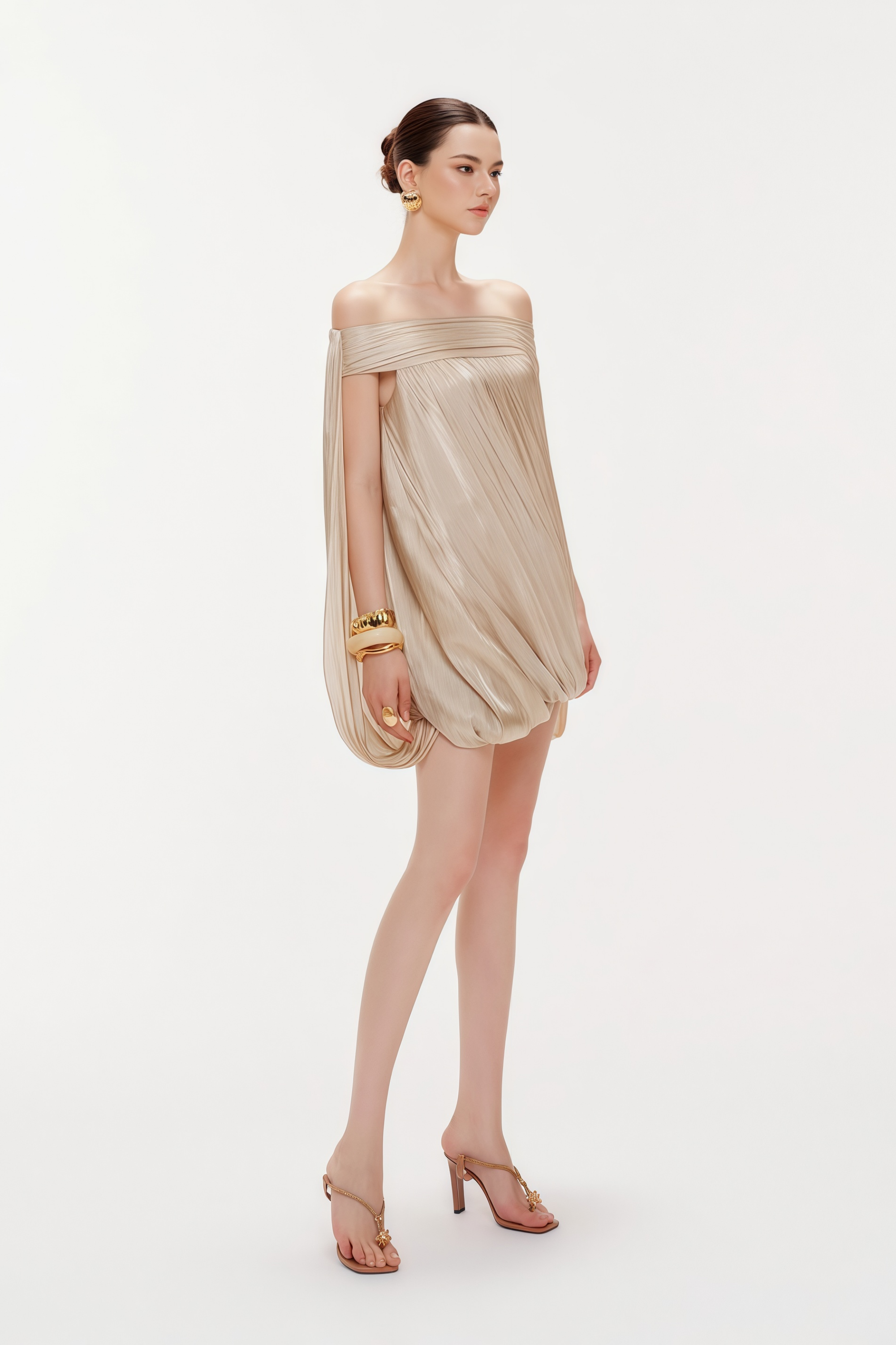 Anastasia Neutral Draped Glossy Mini Dress