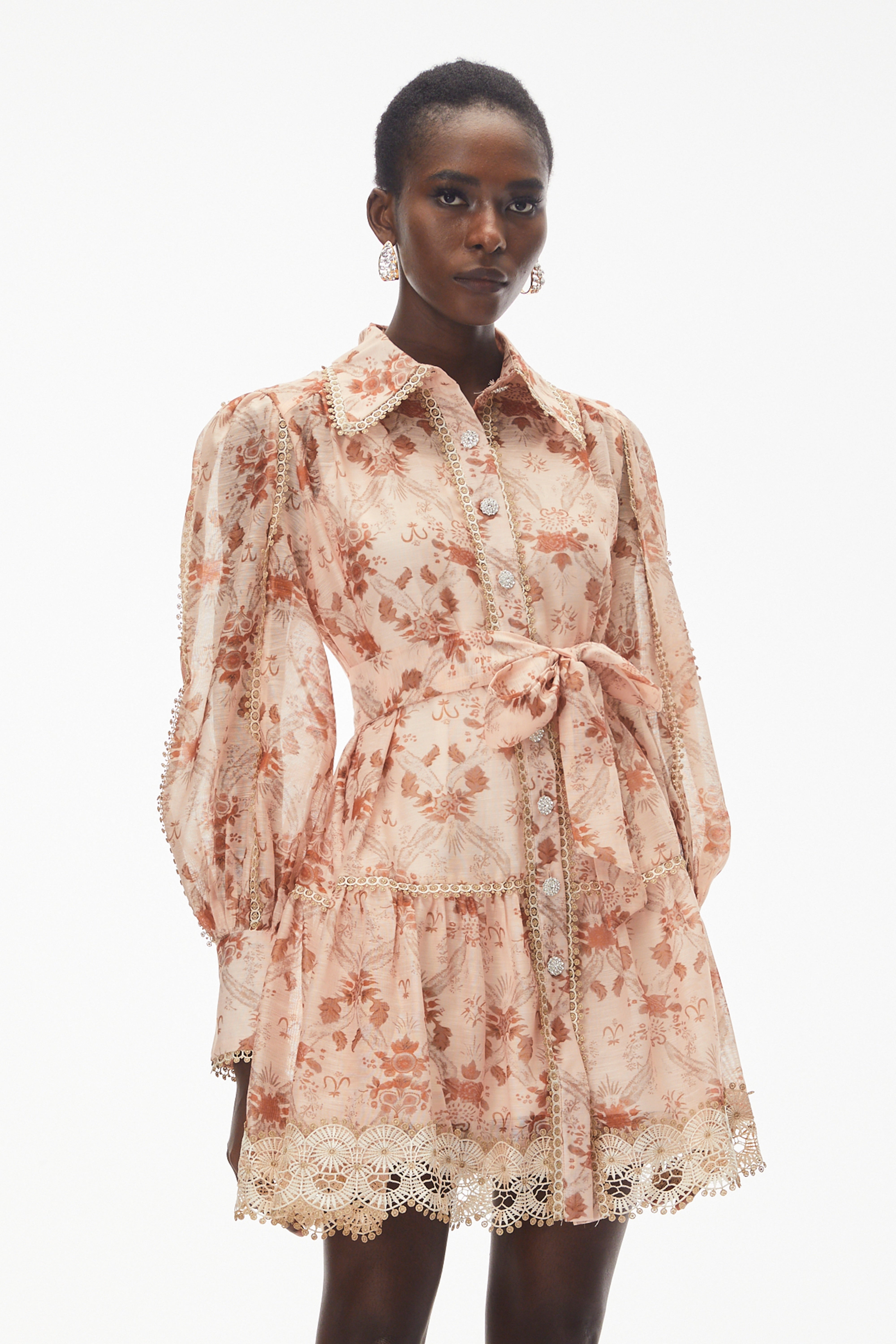 Maayan Pink Floral Print Mini Dress with Lace Trim