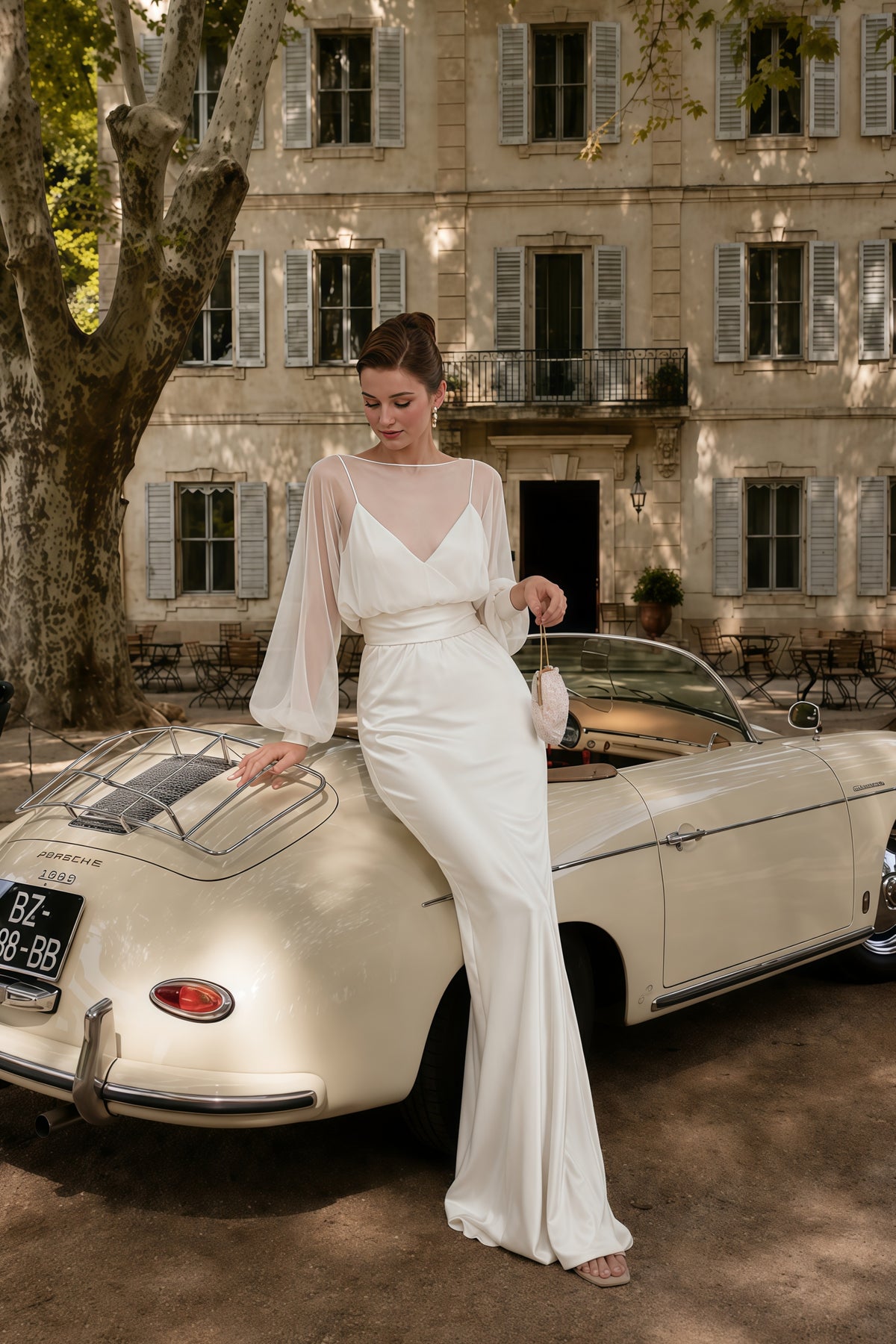 madeleine cream white sheer blouse & satin maxi dress set