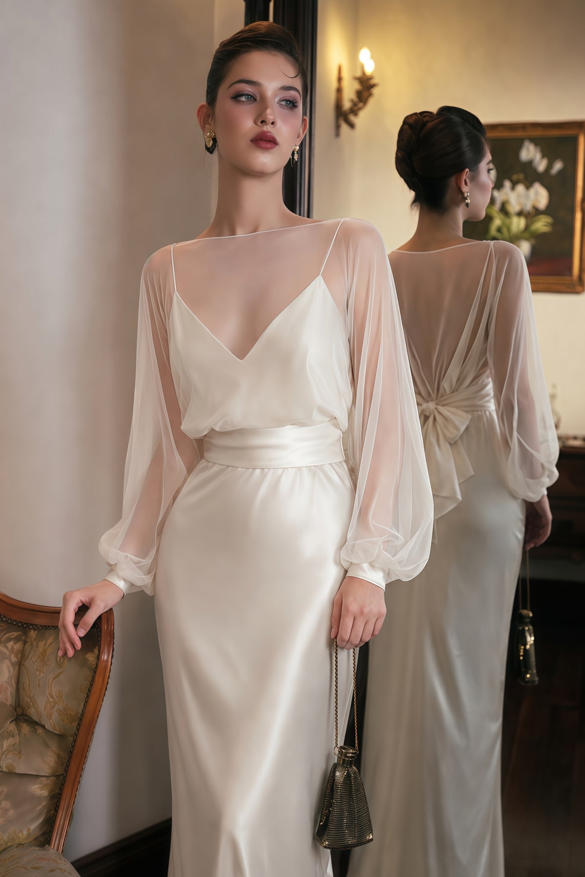 madeleine cream white sheer blouse & satin maxi dress set