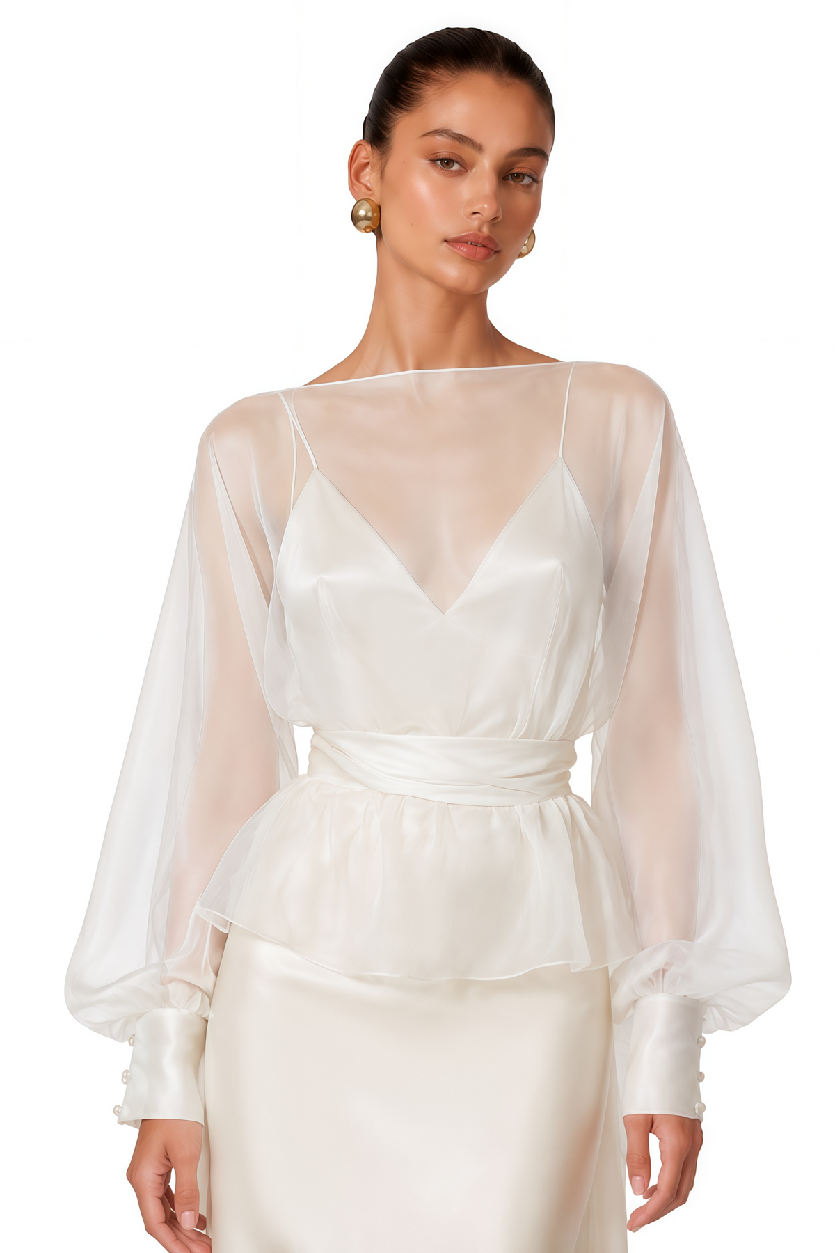 madeleine cream white sheer blouse & satin maxi dress set