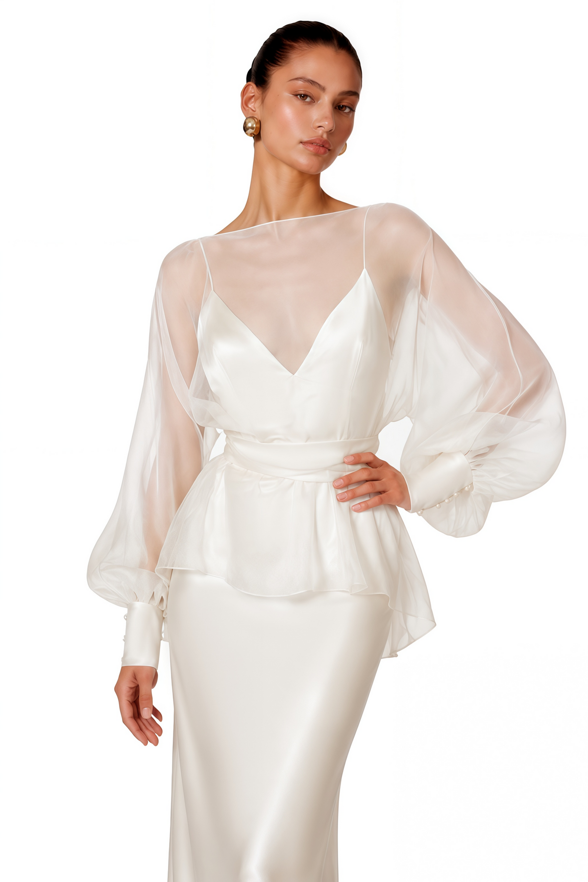 madeleine cream white sheer blouse & satin maxi dress set