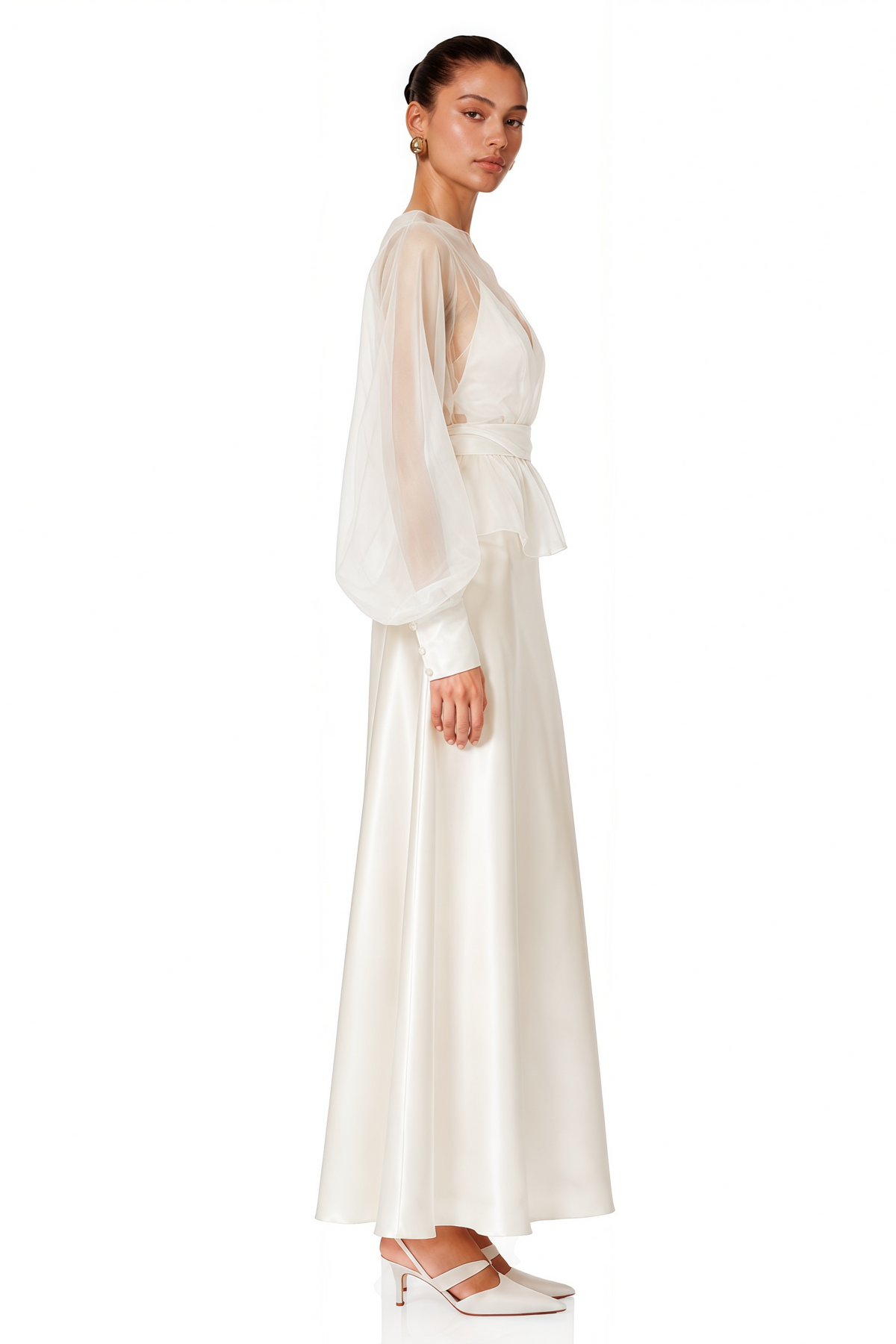 madeleine cream white sheer blouse & satin maxi dress set