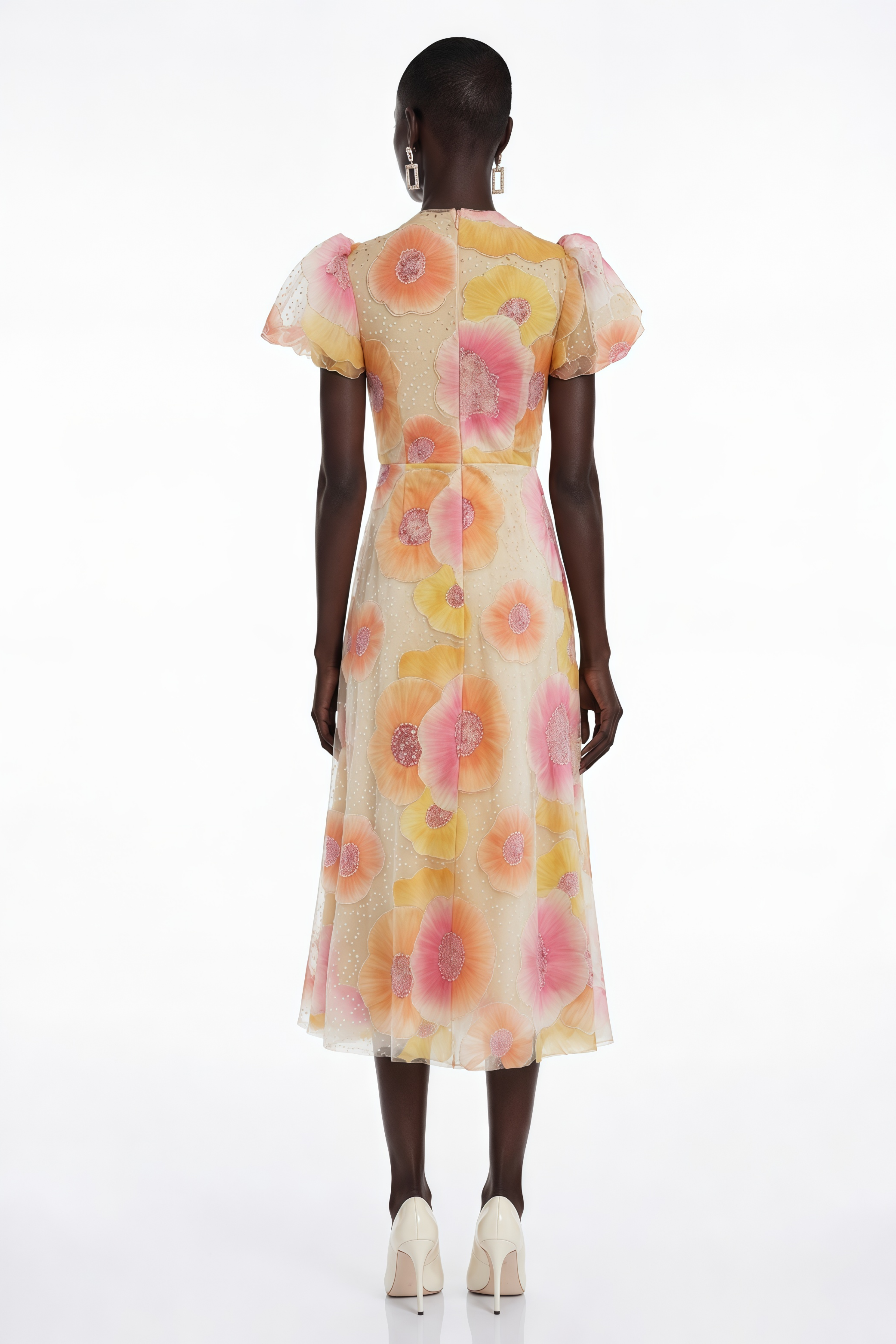 Evangeline Orange Floral Print Midi Dress with Sequins and Rhinestones