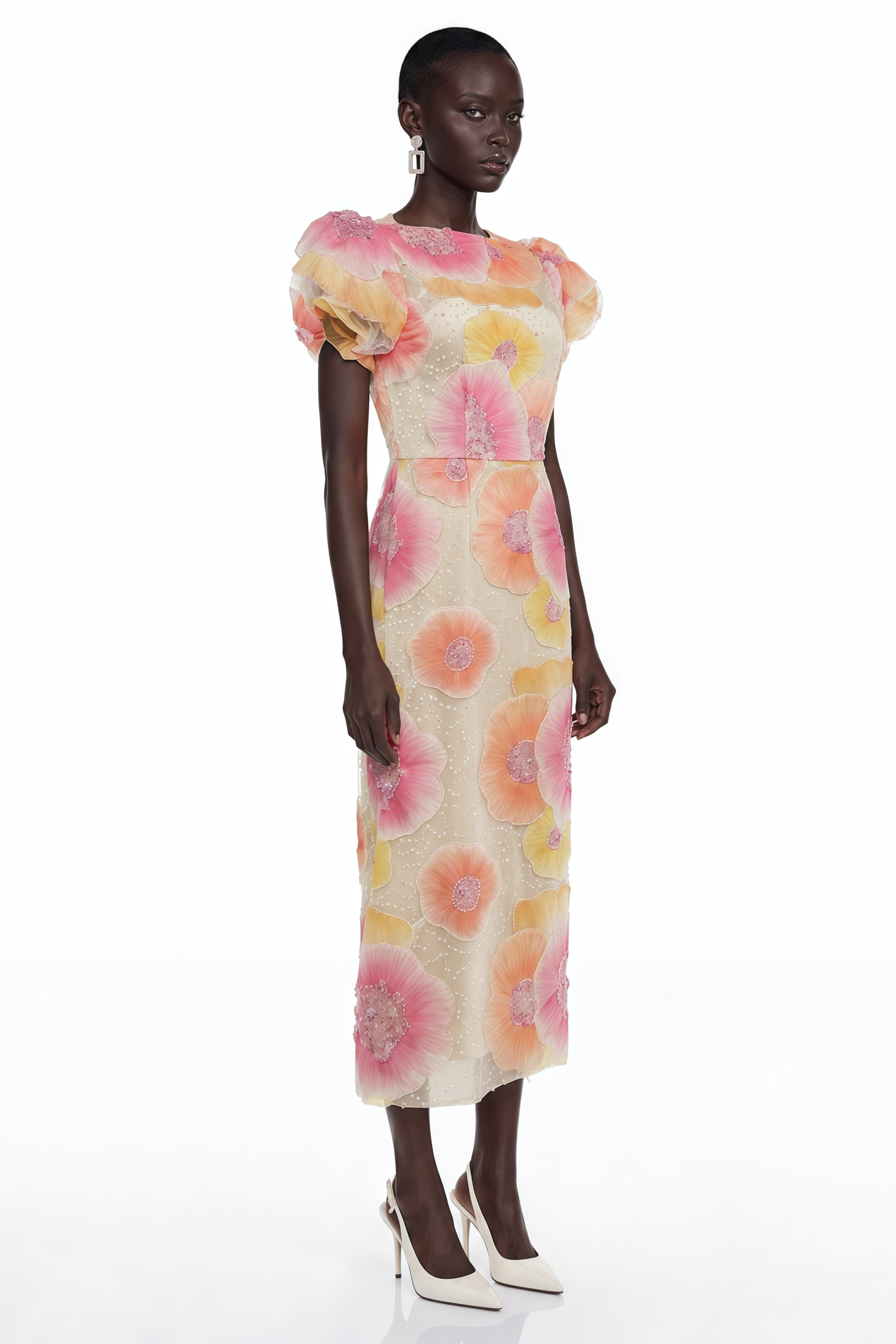 Evangeline Orange Floral Print Midi Dress with Sequins and Rhinestones