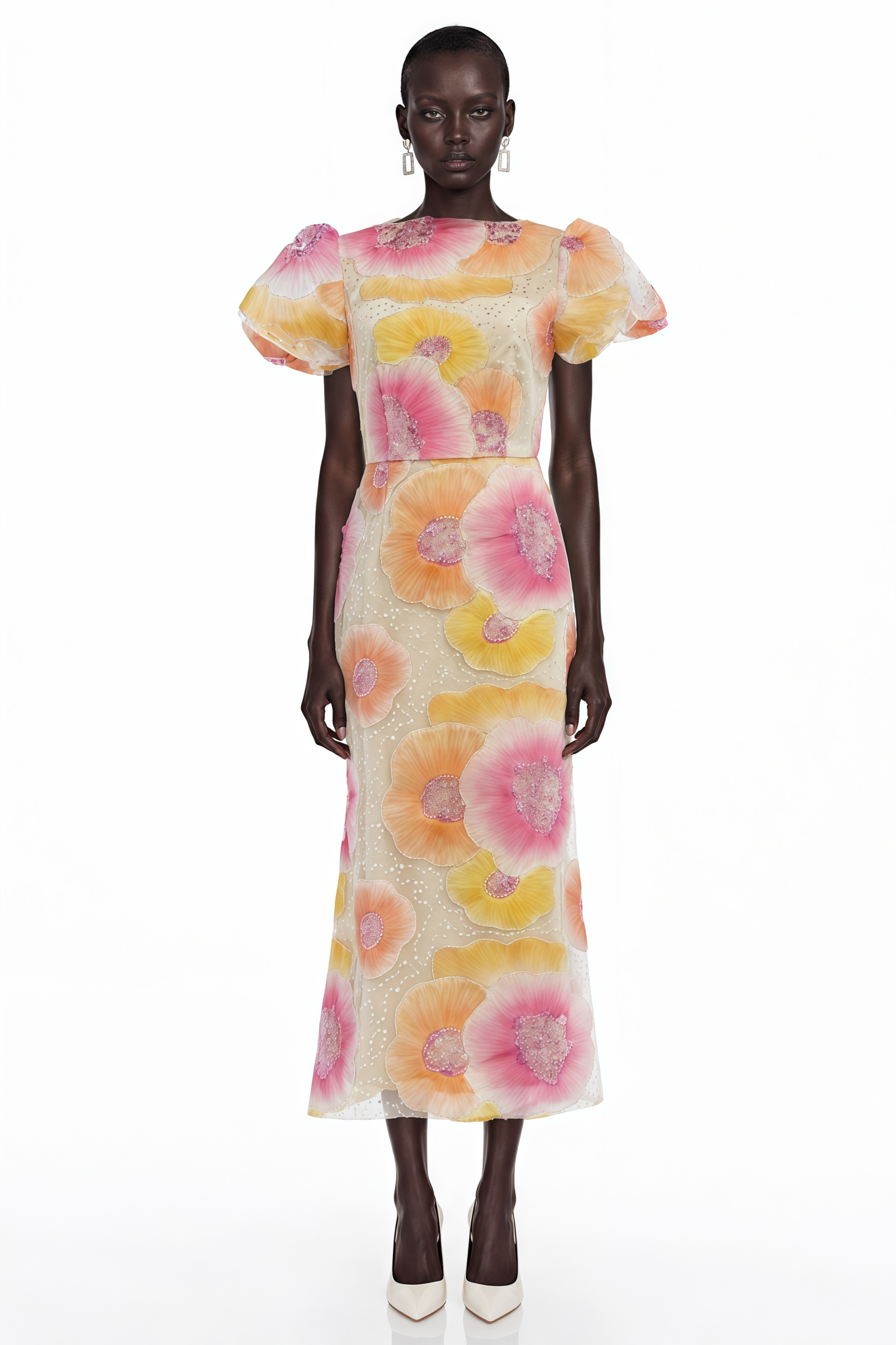 Evangeline Orange Floral Print Midi Dress with Sequins and Rhinestones