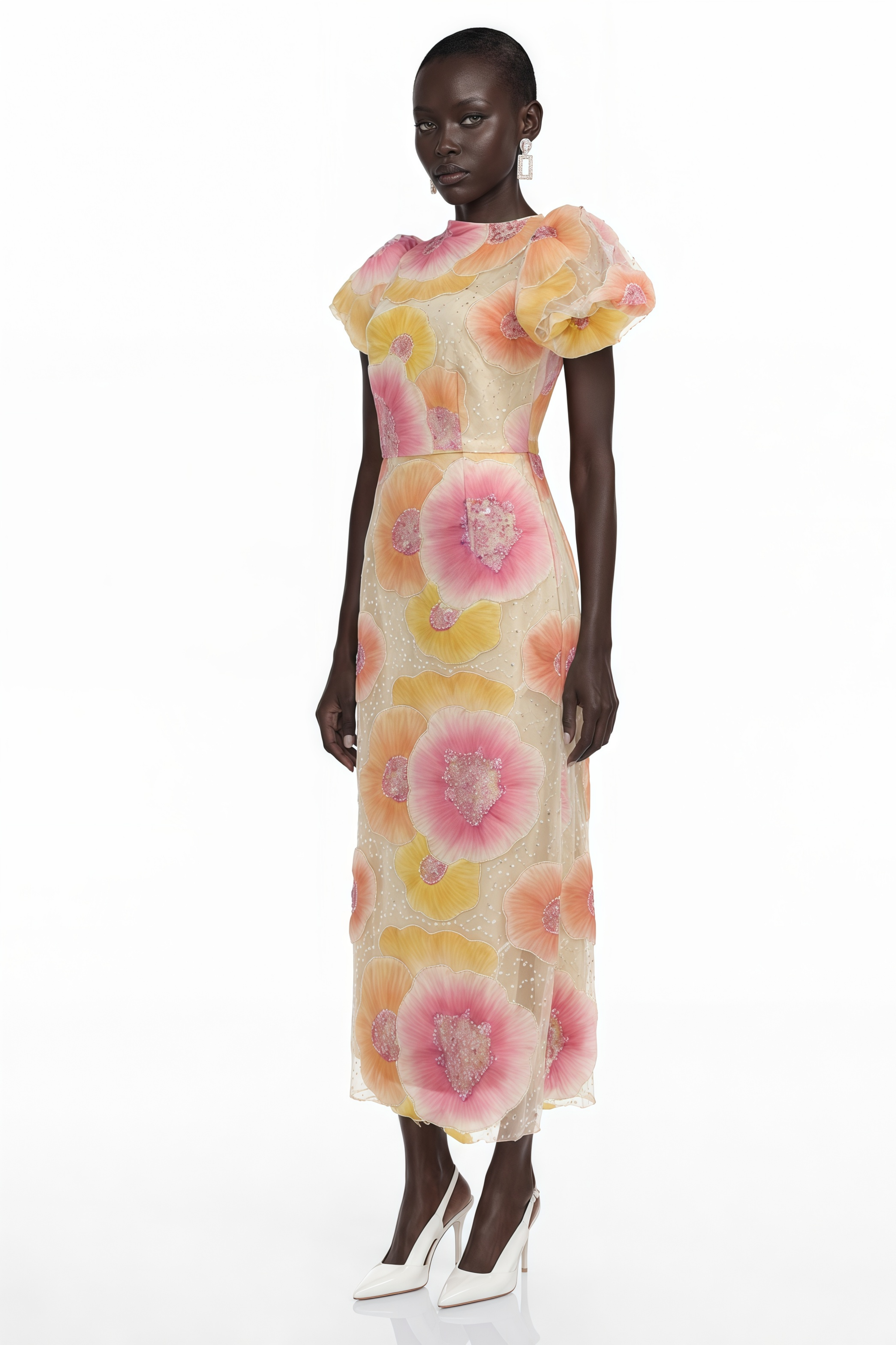Evangeline Orange Floral Print Midi Dress with Sequins and Rhinestones