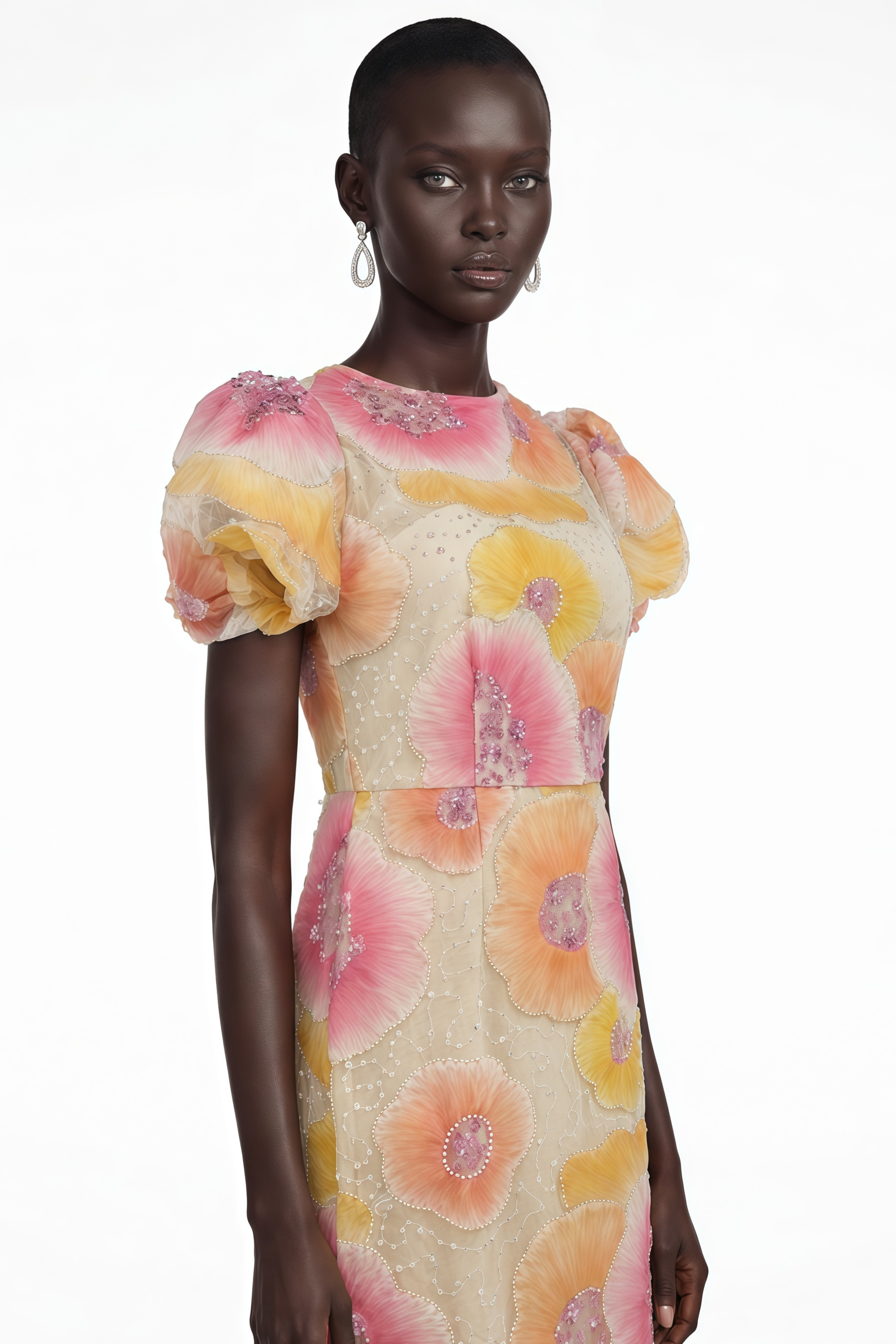 Evangeline Orange Floral Print Midi Dress with Sequins and Rhinestones