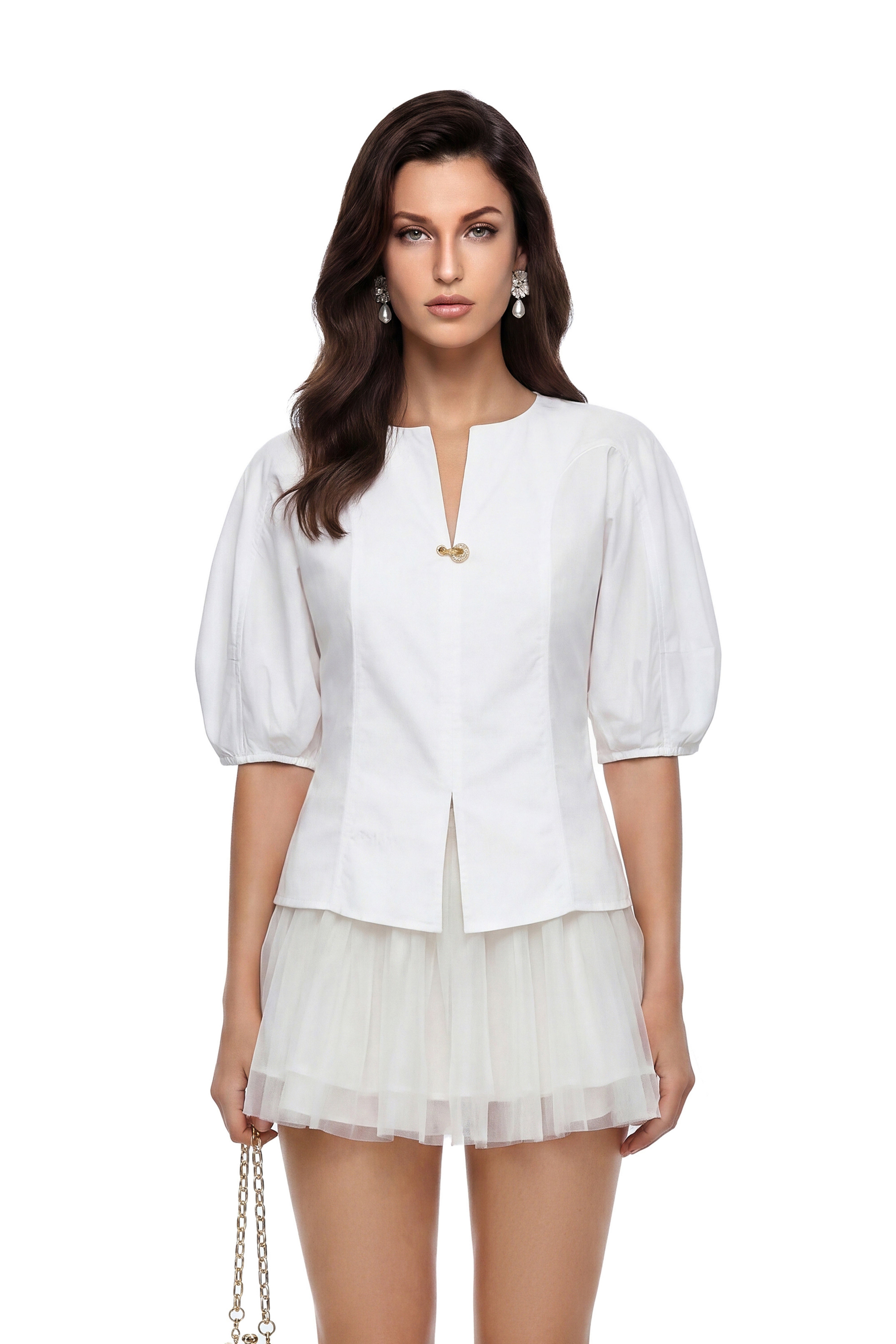 Maggie  White V-Neck Puff Sleeve Top