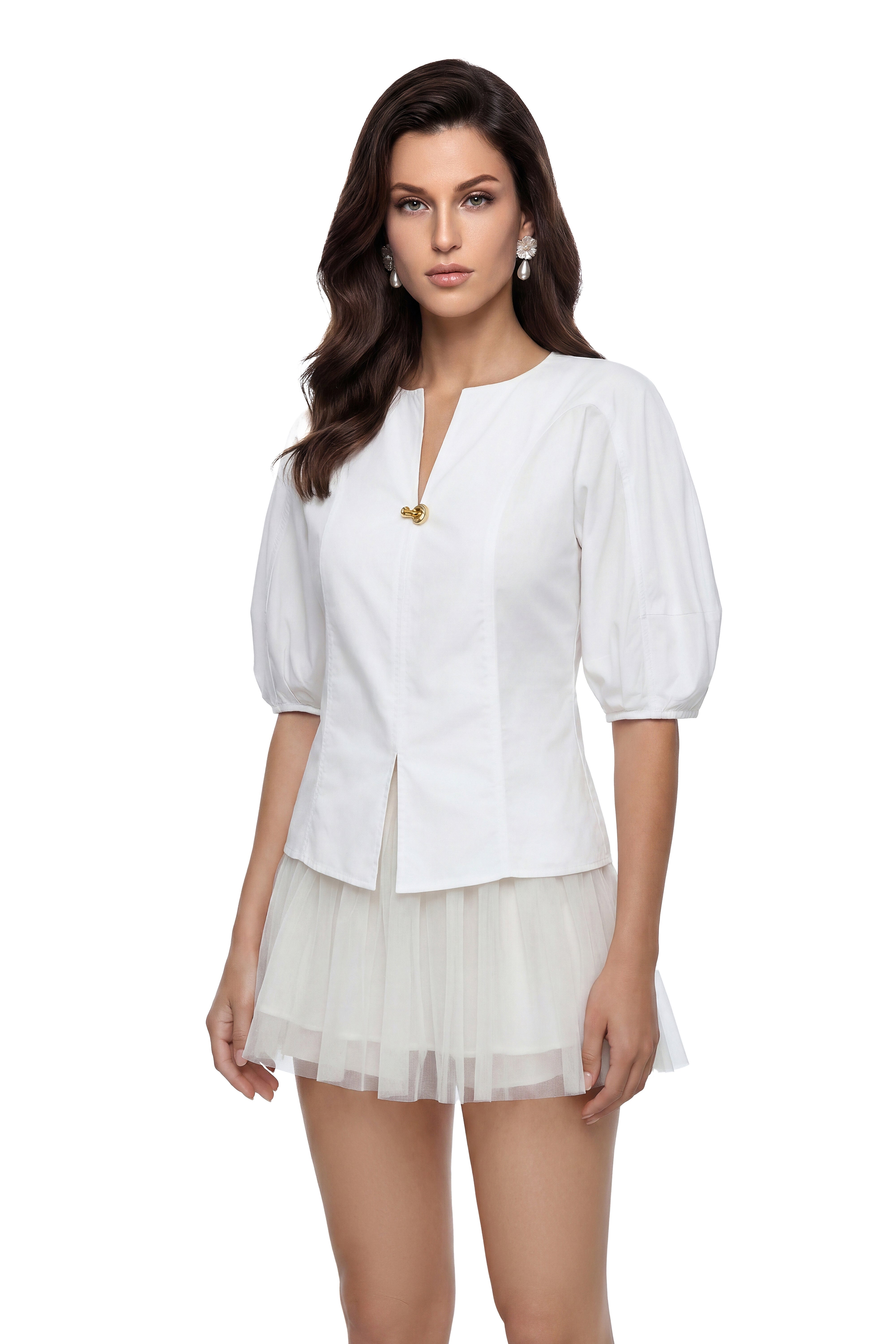 Maggie  White V-Neck Puff Sleeve Top