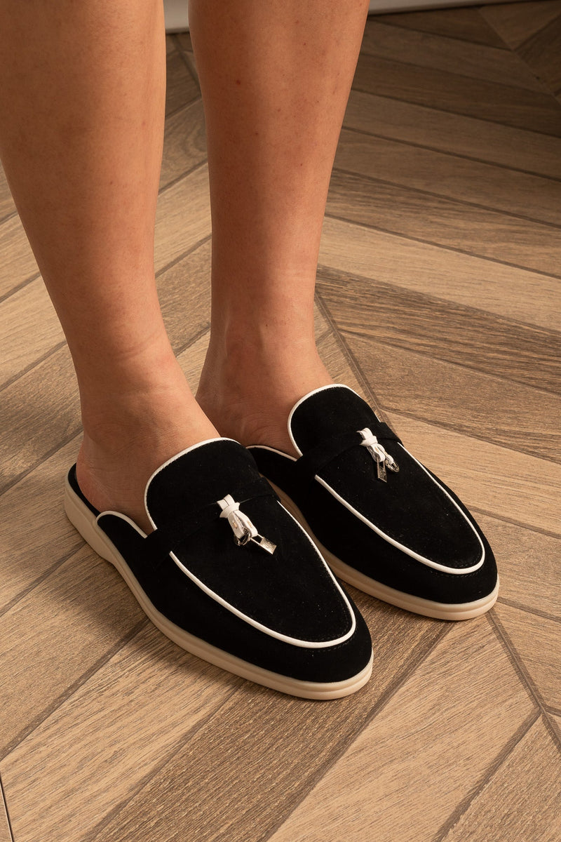 Suede Loafers With Contrasting Sole And Metal Charms - Black/White