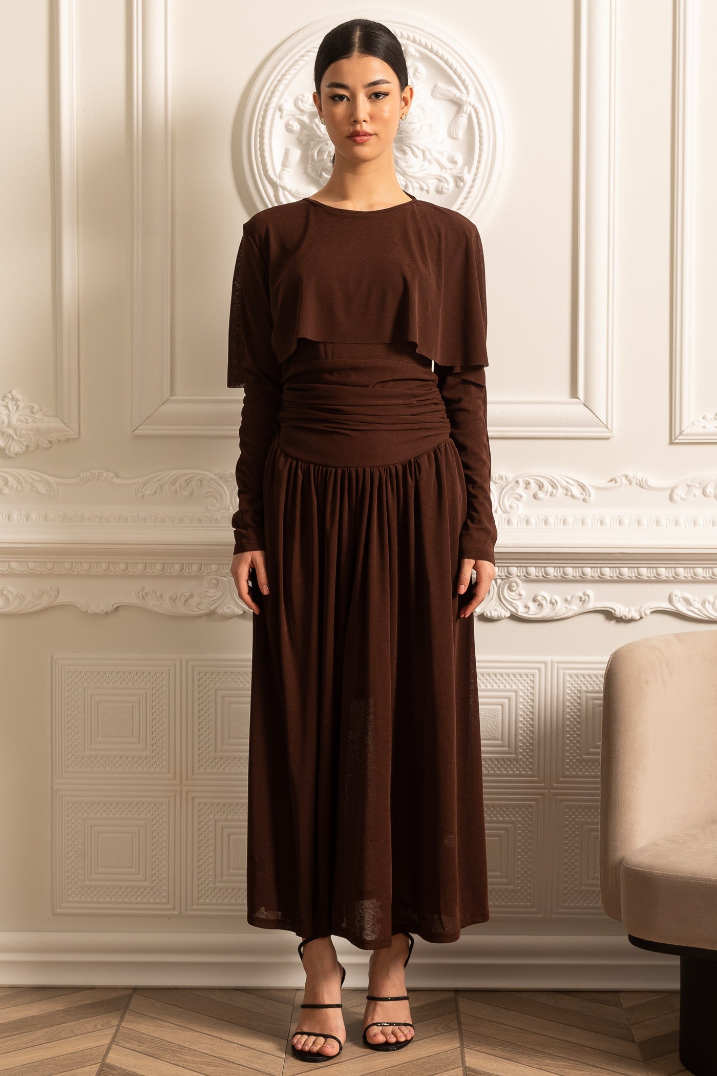 Elegant Dress With Ruched Waist, Pleated Maxi Skirt And Cape-Like Layered Top - Brown