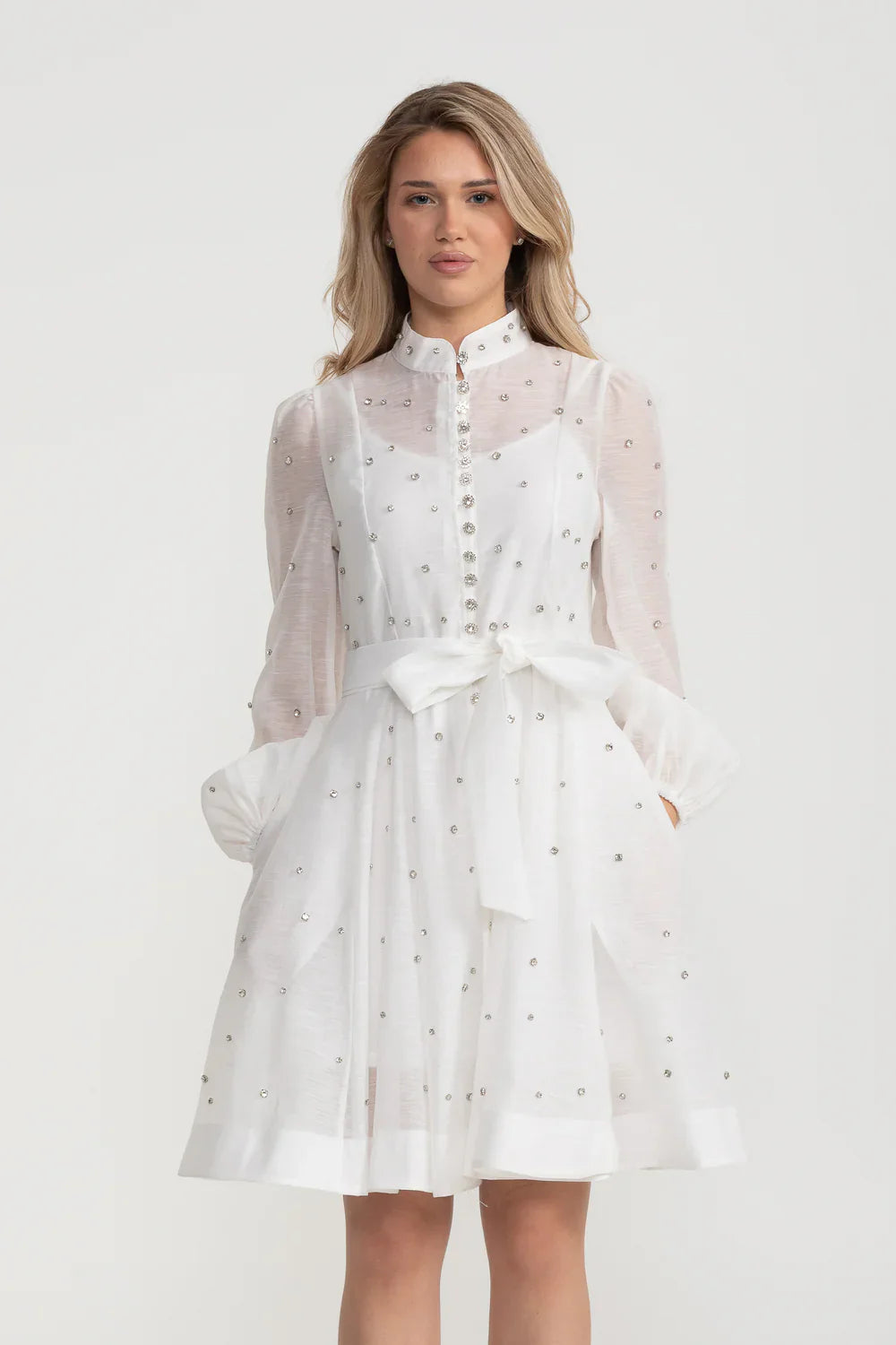 Elegant Dress With Long Puffed Sleeves, High Collar And Sparkling Embellishments - White