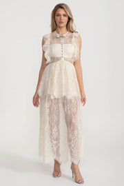Elegant Vintage-Inspired Lace Dress With Ruffled Details And Layered Skirt  - Ivoire