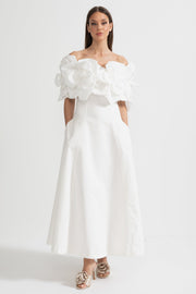 Off-Shoulder Midi Dress With Large Fabric Floral Accents - White