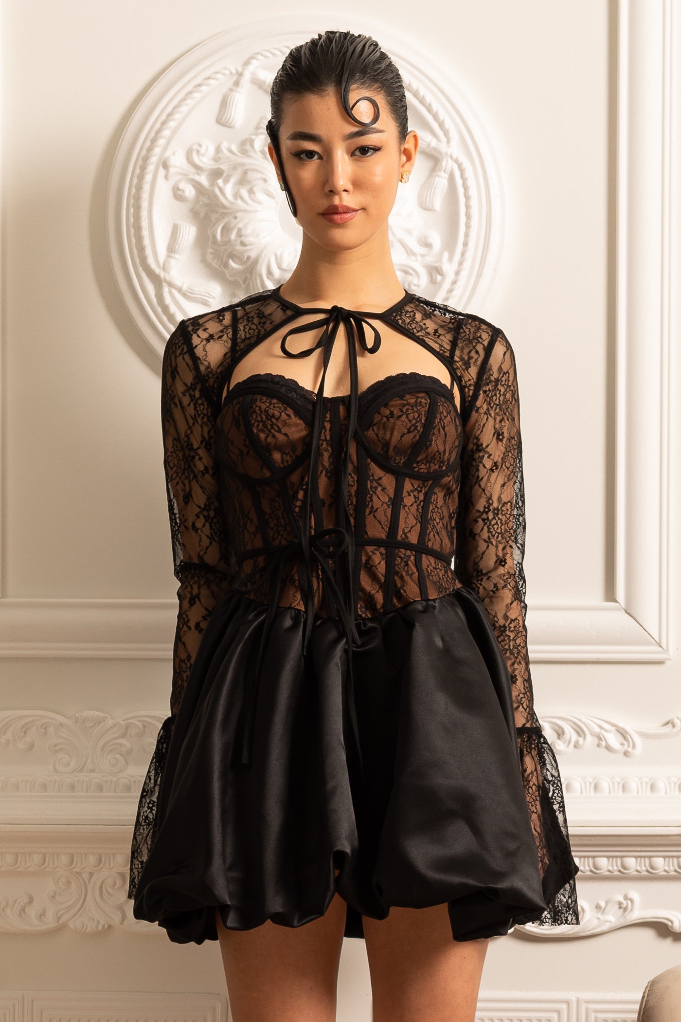 Lace Corset Mini Dress With Ribbon Tie Neckline - Black