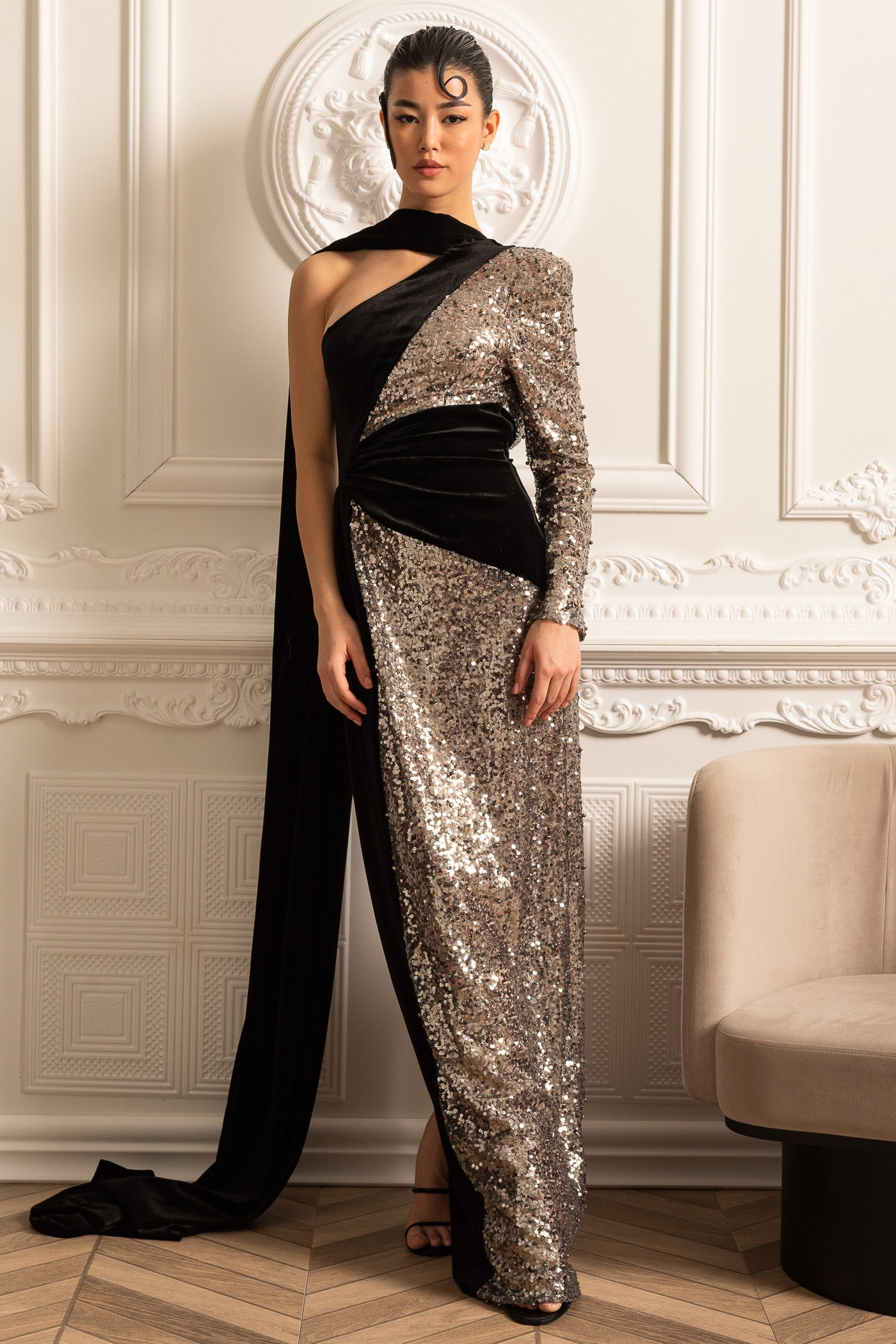Glamorous Sequin Gown With Black Velvet Accents - Silver