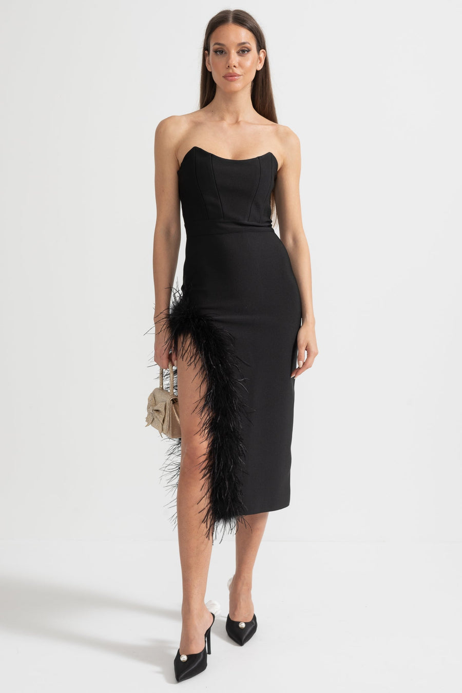 Strapless Feather-Trimmed Dress With Fitted Bodice And Asymmetrical Hemline - Black