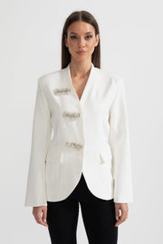 Tailored Blazer With Structured Shoulders And Silver Floral Clasps - White
