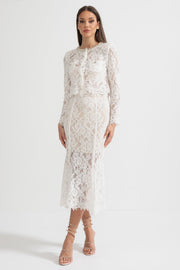 Lace Co-Ord With Sparkling Neckline Embellishments And Midi Skirt - White