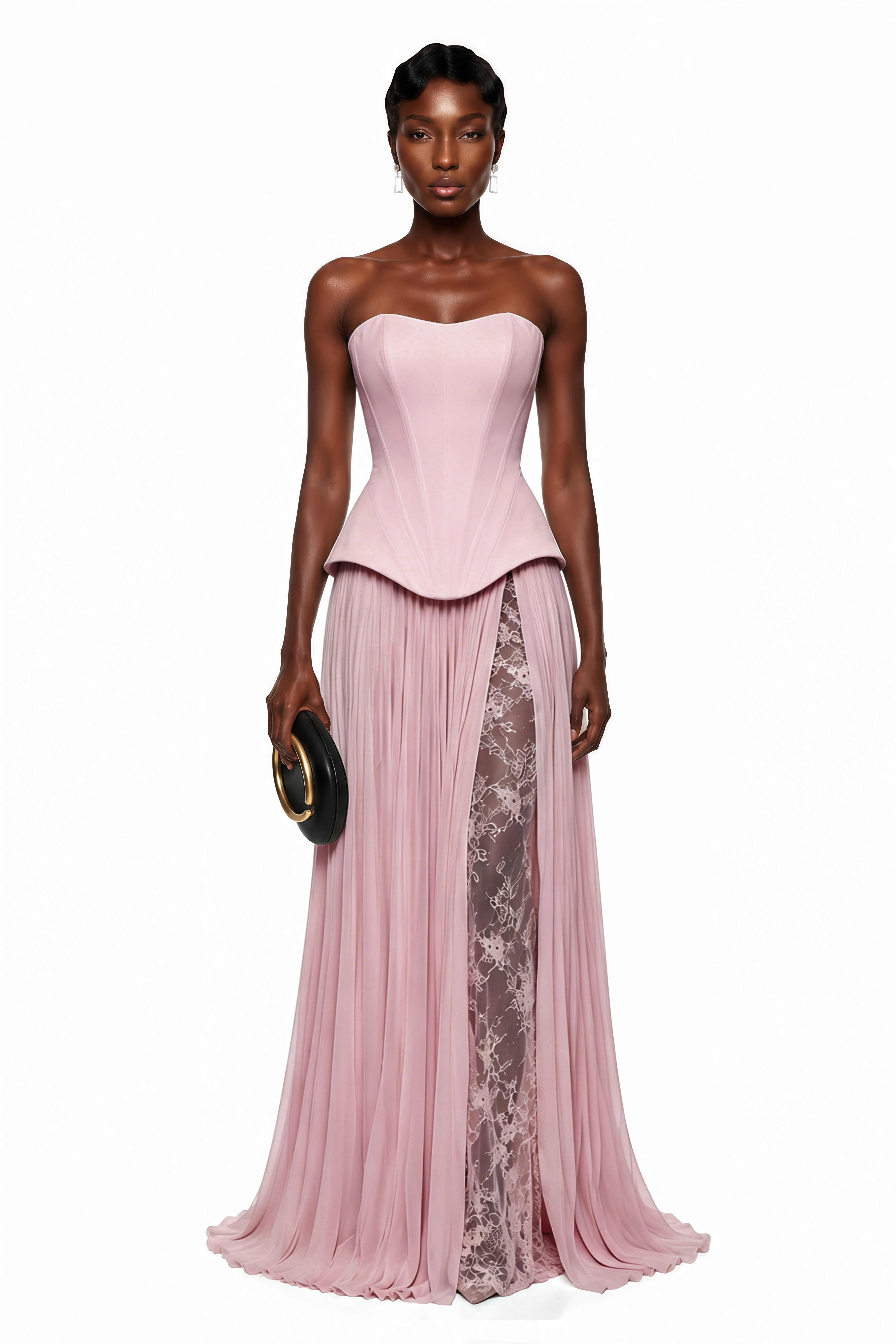 Maisie Pink Corset Top & Pleated Skirt Set with Lace Panels