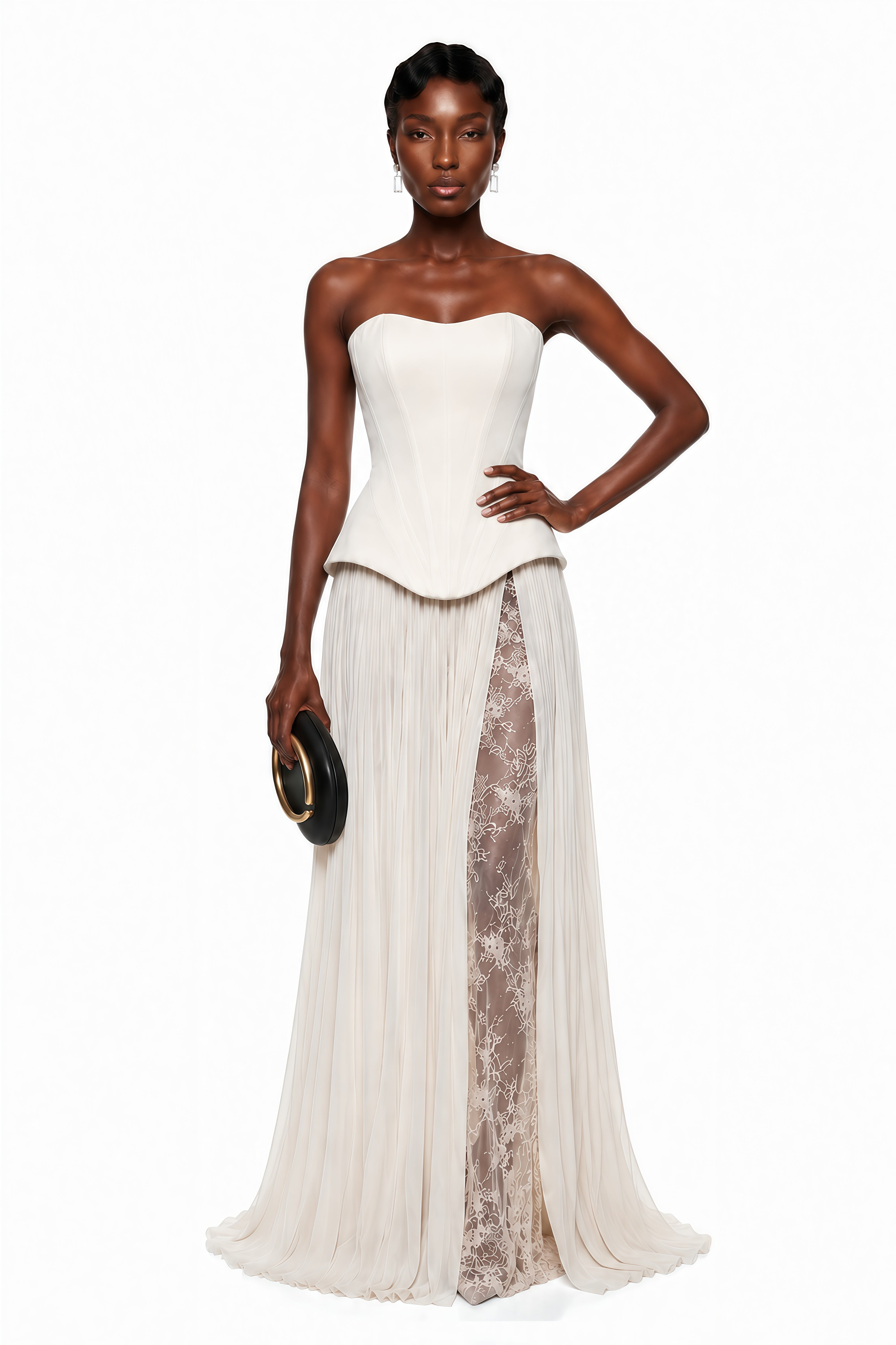 Maisie White Corset Top & Pleated Skirt Set with Lace Panels