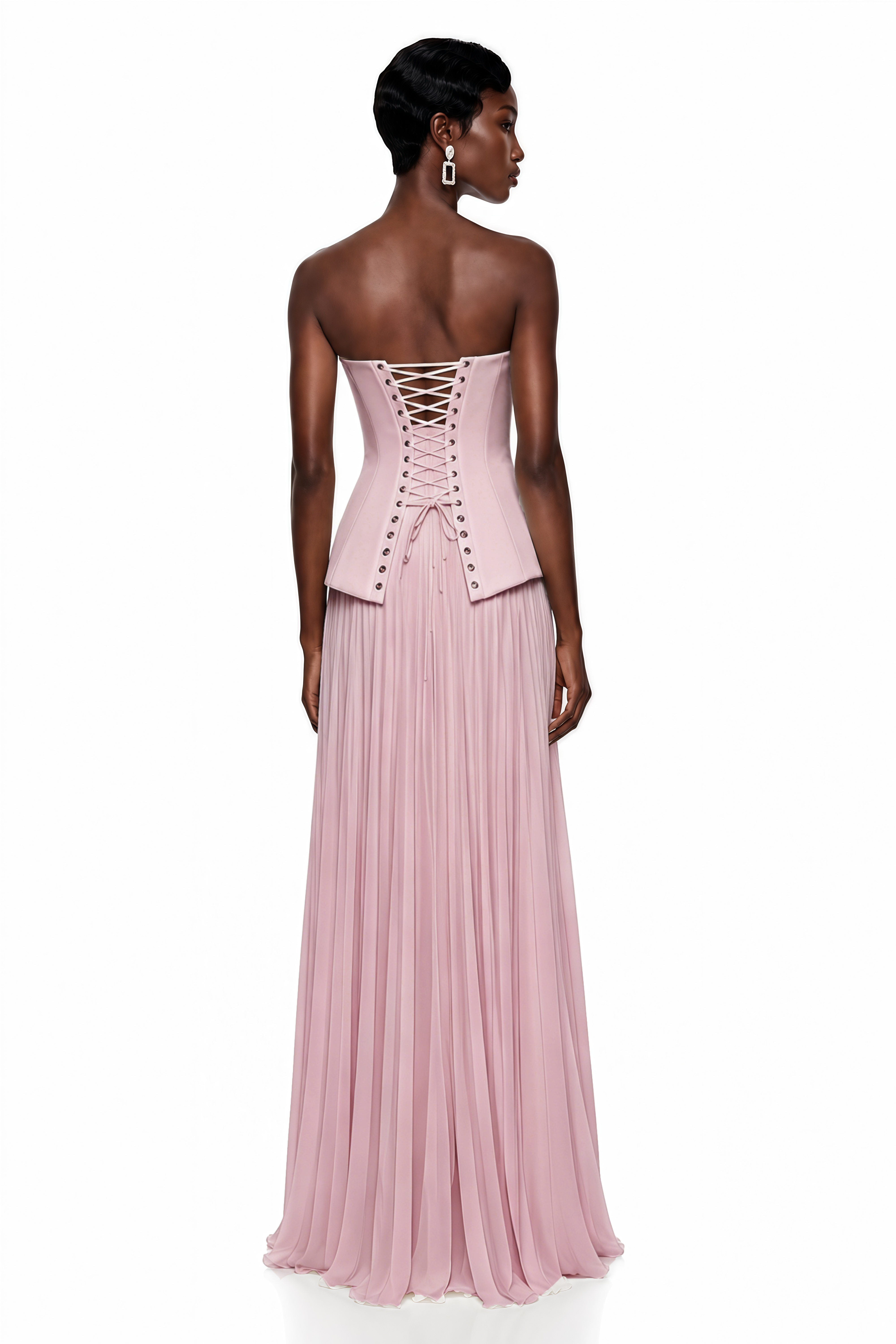 Maisie Pink Corset Top & Pleated Skirt Set with Lace Panels