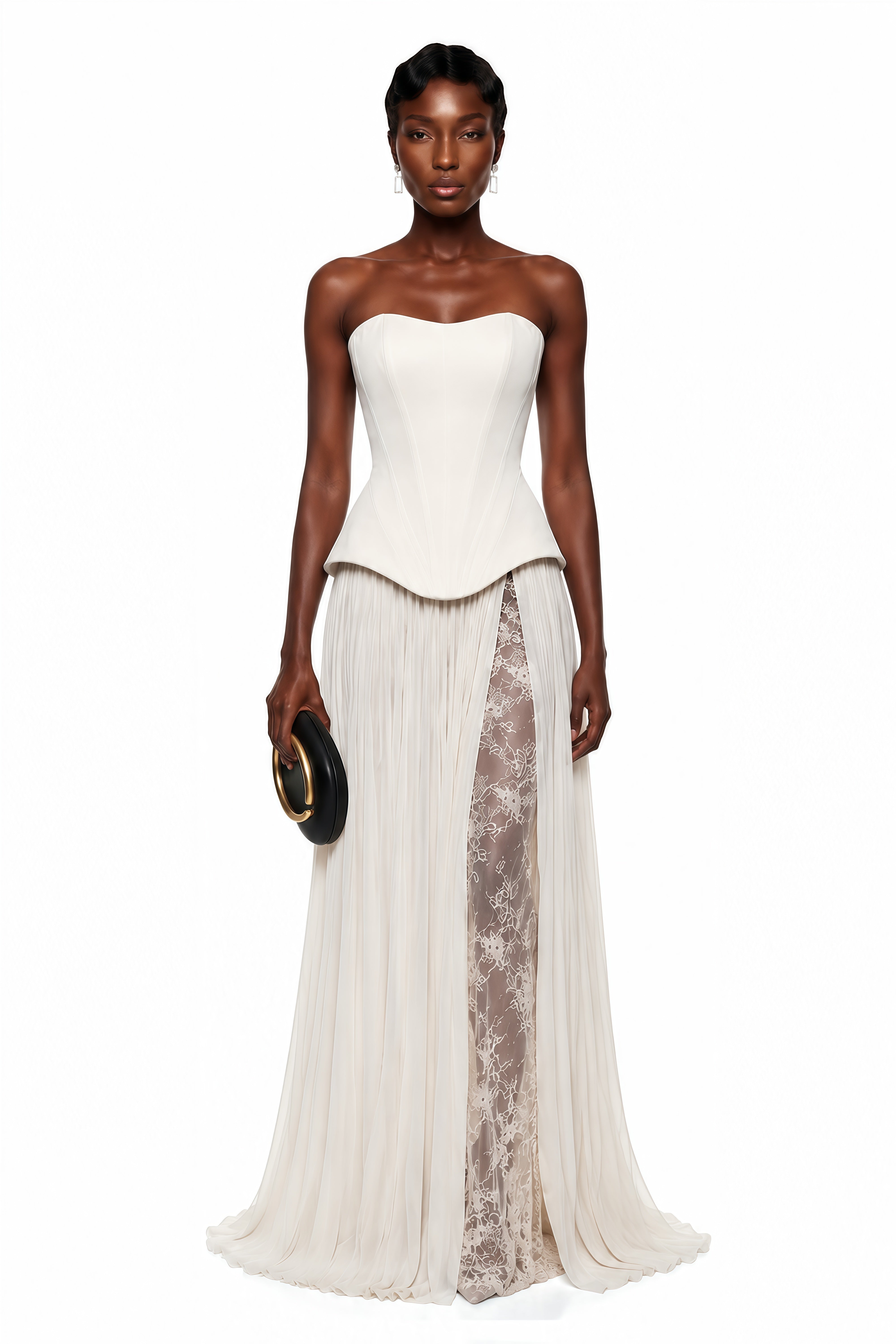 Maisie White Corset Top & Pleated Skirt Set with Lace Panels