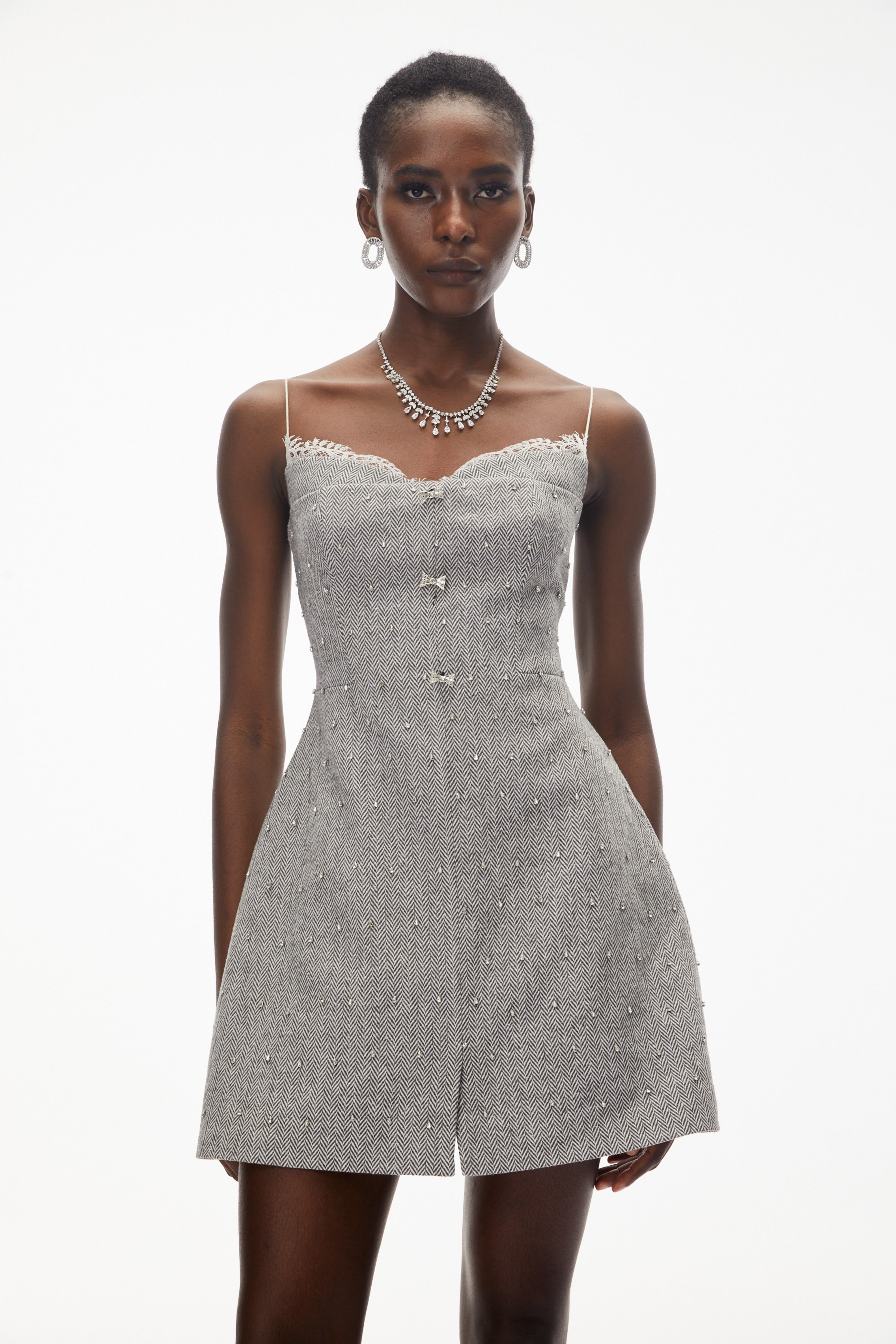 Maisy Grey Embellished Lace Mini Dress
