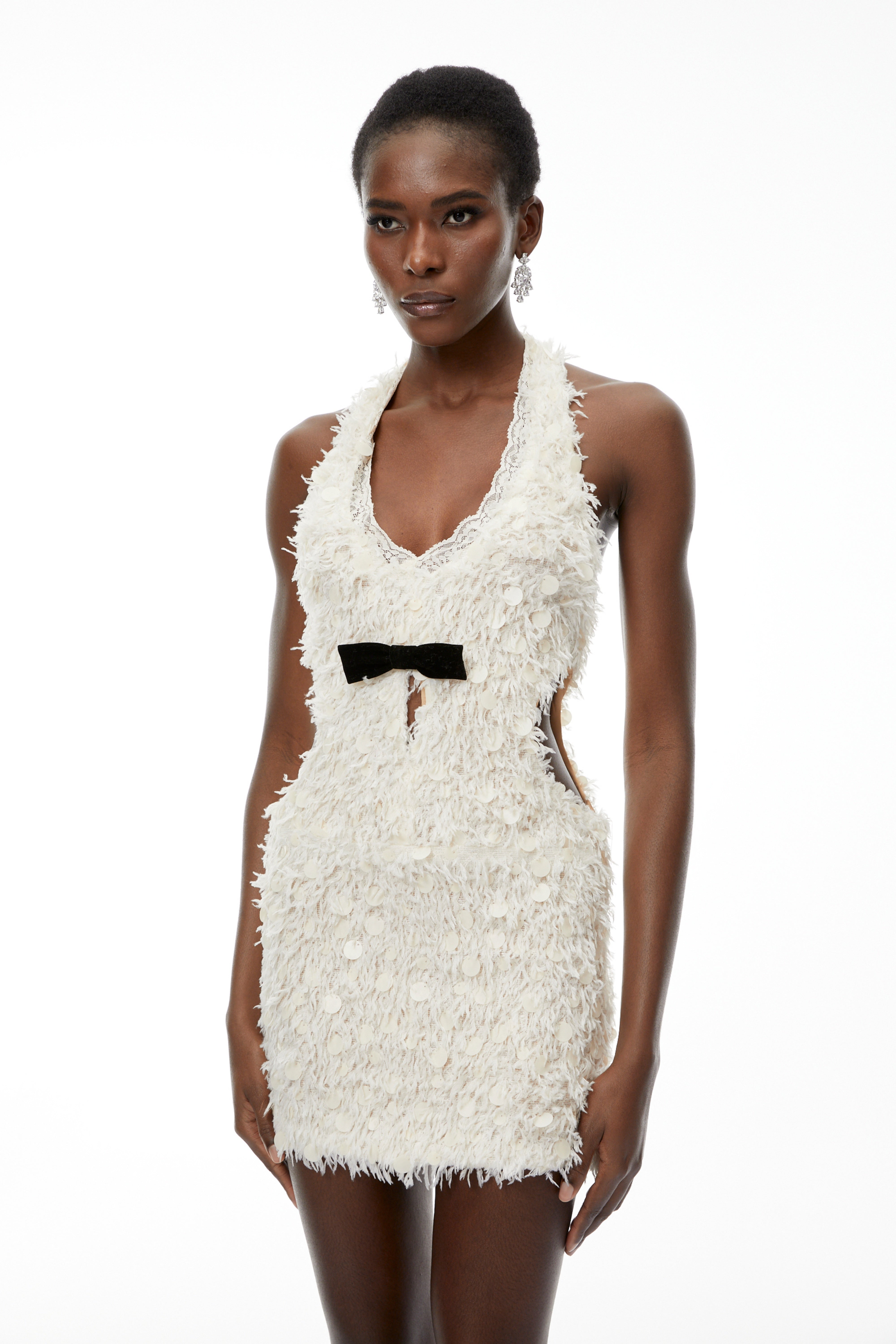 Maite Neutral Halterneck Mini Dress with Fringe (Final Sale)