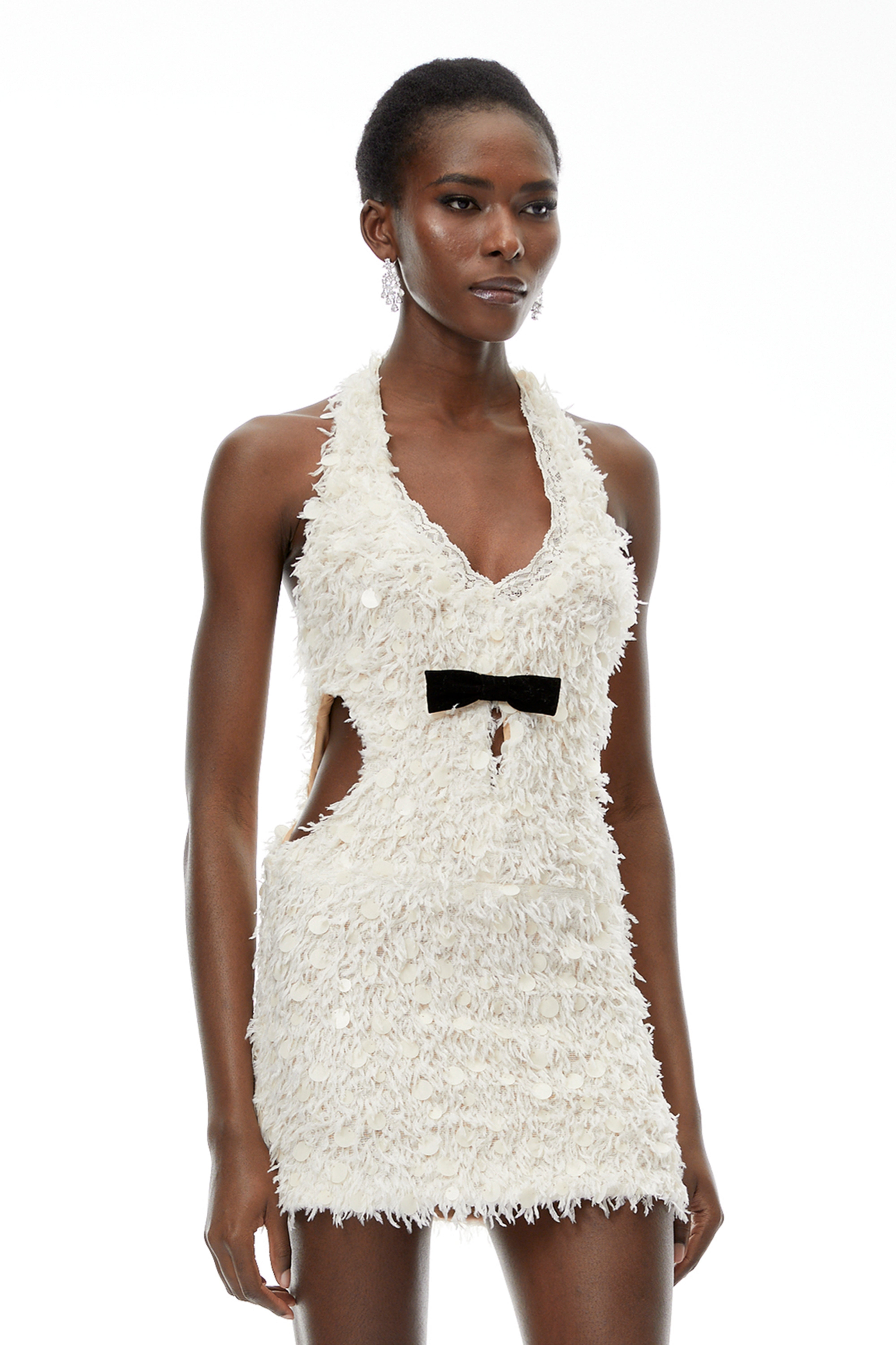 Maite Neutral Halterneck Mini Dress with Fringe (Final Sale)