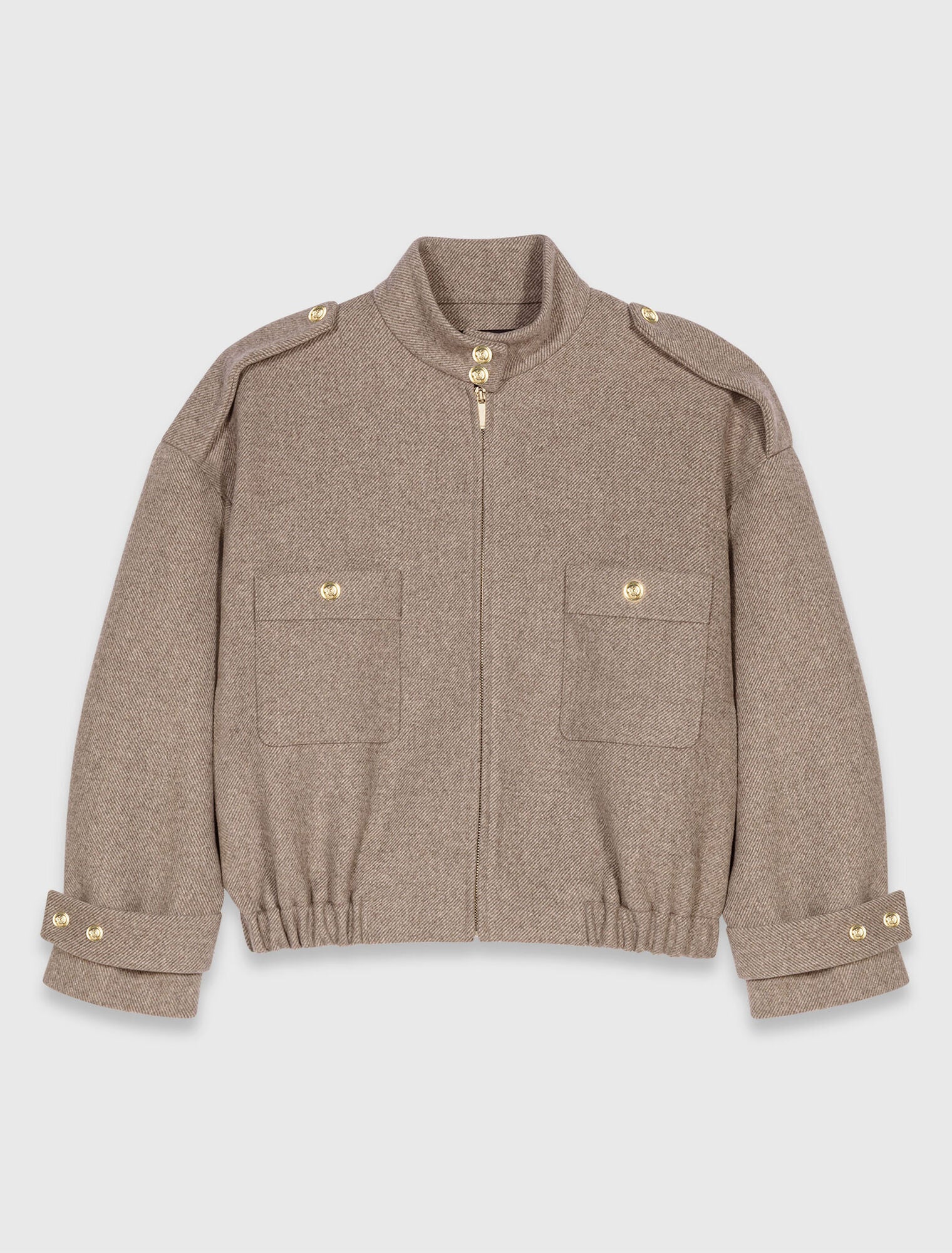 MADDY VIVIENNE BEIGE MIXED WOOL OVERSIZED JACKET WITH HIGH COLLAR AND GOLD BUTTONED FINISHES - BEIGE