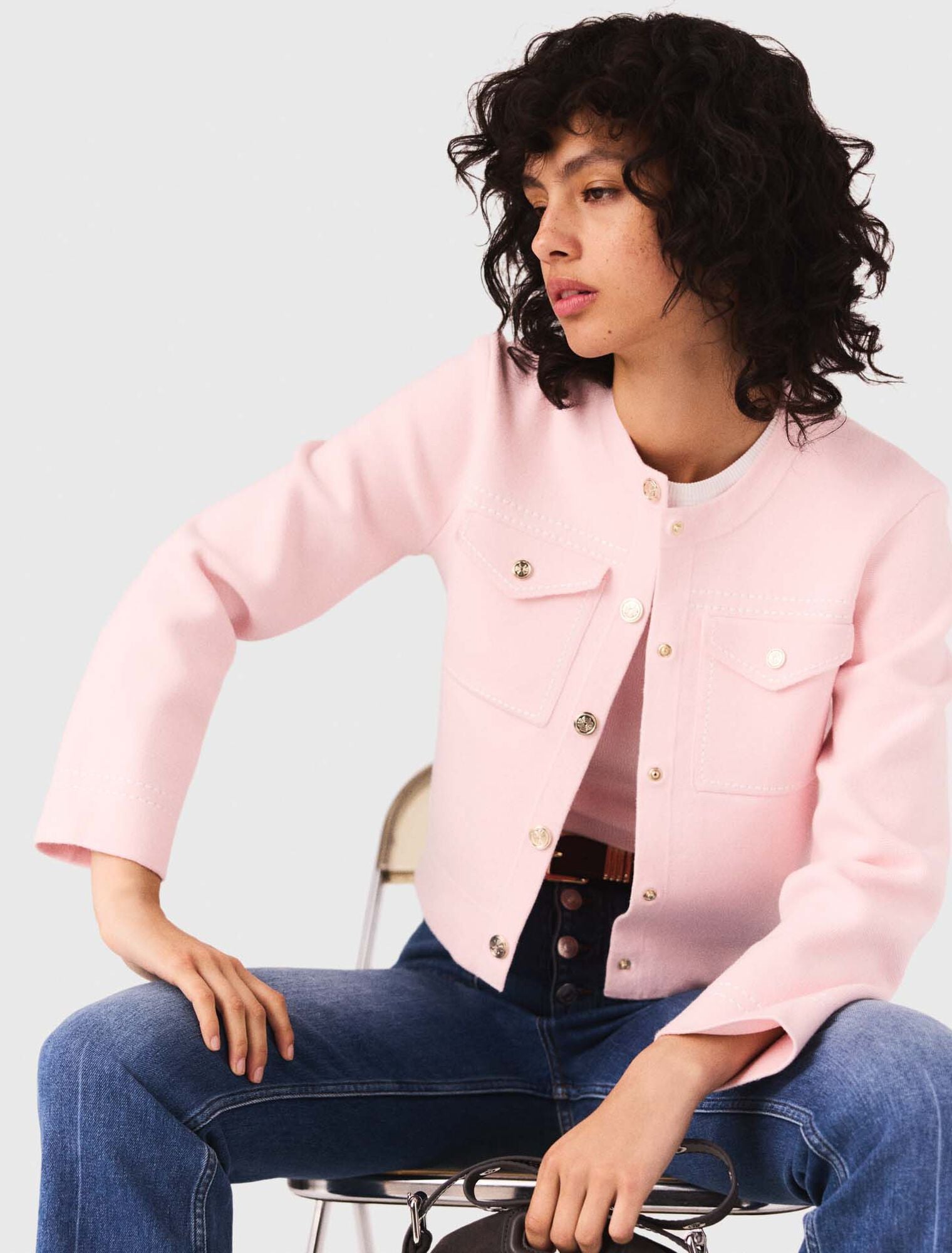 MADDY PINK TOPSTITCHED CROPPED CARDIGAN WITH PATCH POCKETS AND GOLD BUTTONS - PINK