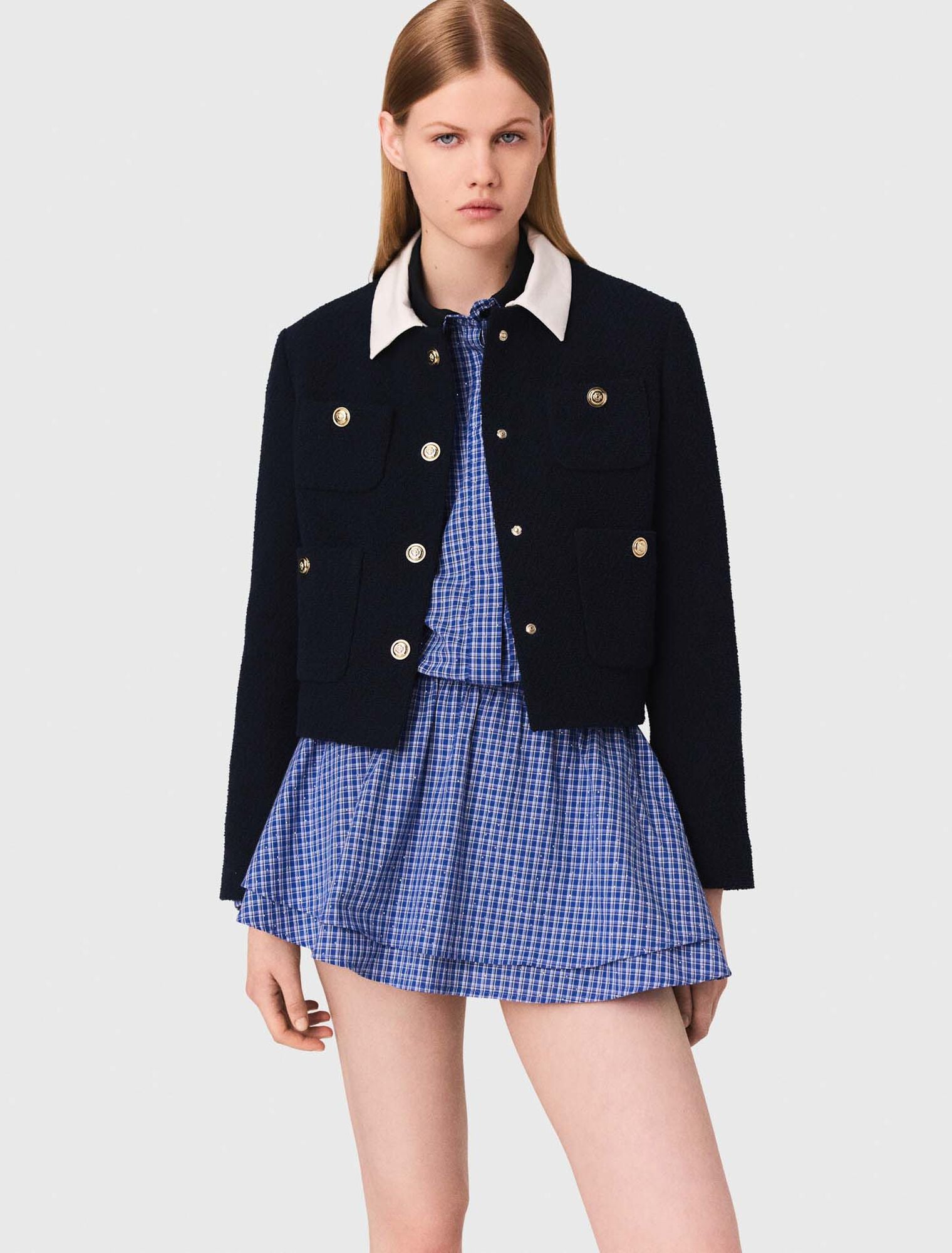 MADDY ELLIOT NAVY CROPPED TWEED JACKET WITH REMOVABLE CONTRAST COLLAR AND GOLD BUTTONS - NAVY