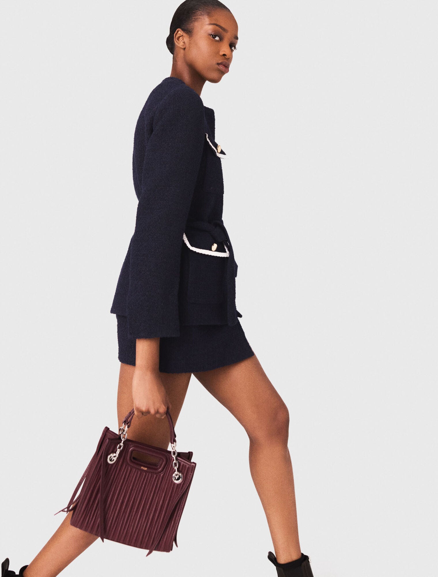 MADDY ARIA 4-POCKET NAVY CROPPED TWEED JACKET WITH GOLD BUTTONS - NAVY