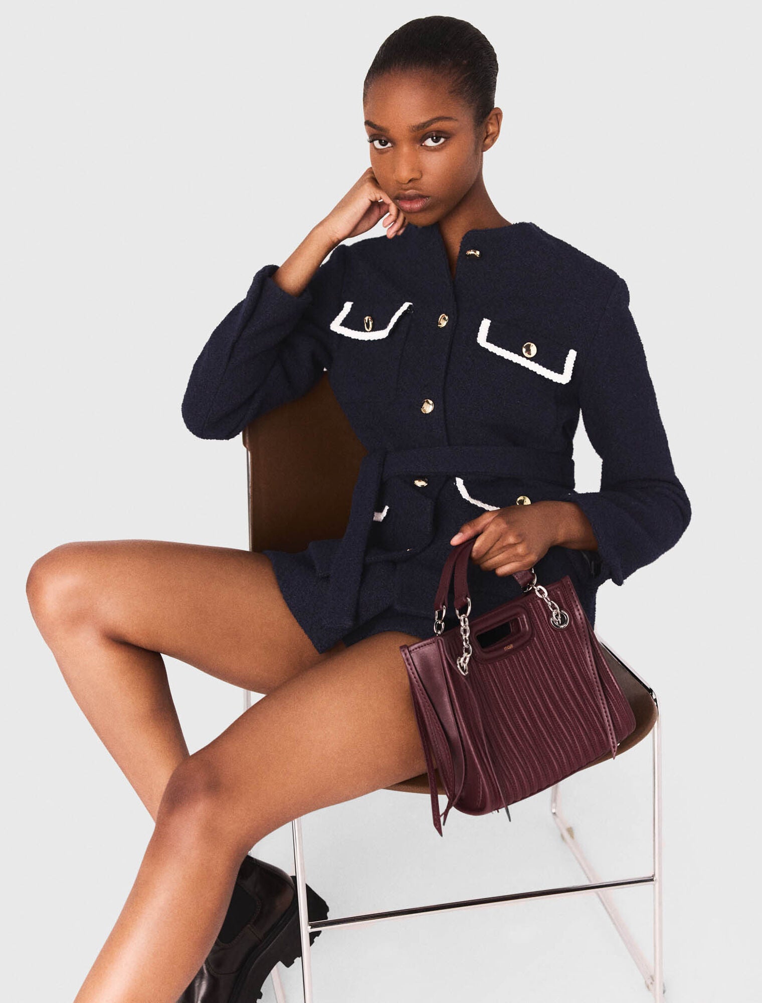 MADDY ARIA 4-POCKET NAVY CROPPED TWEED JACKET WITH GOLD BUTTONS - NAVY