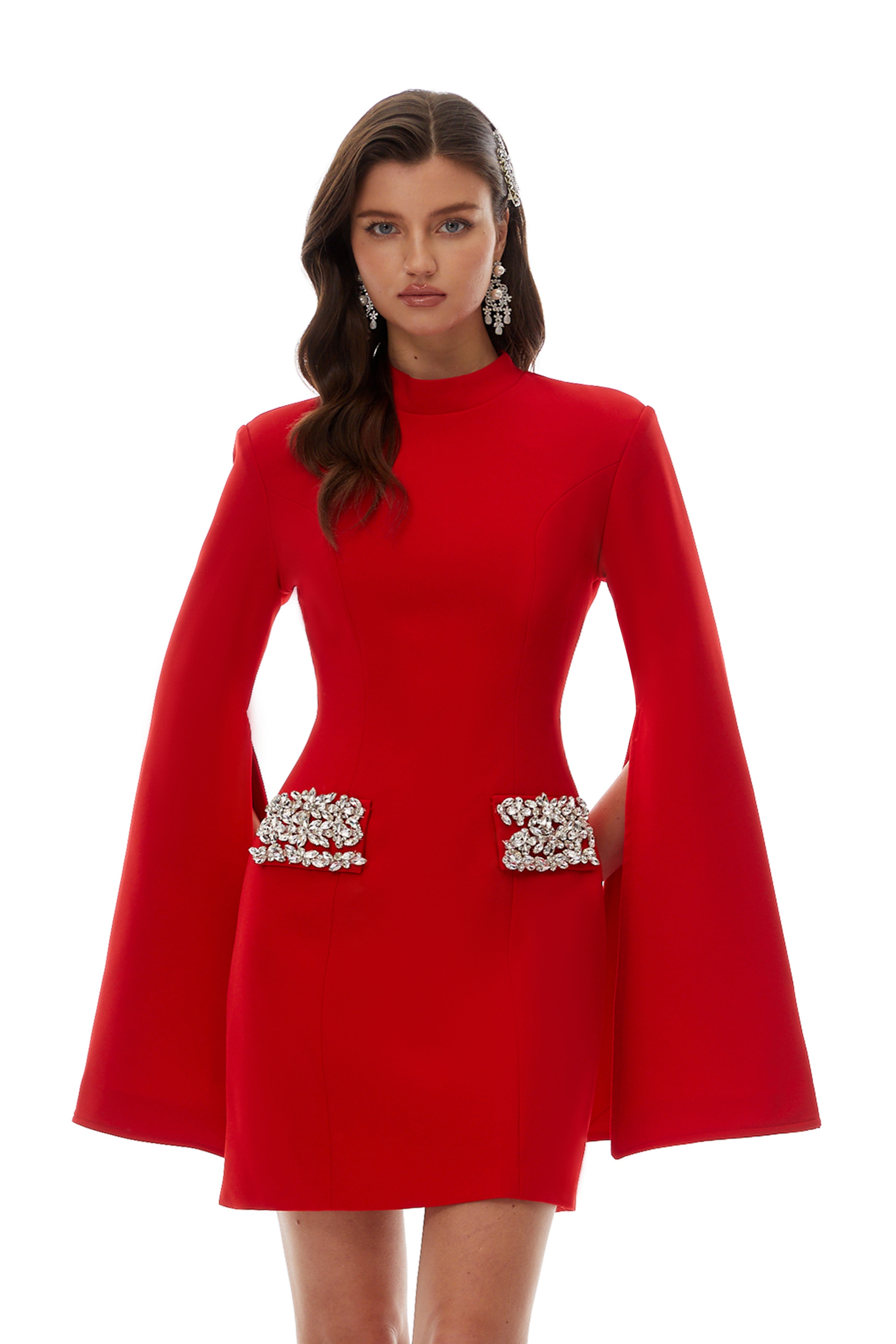 Manon Red Mock Neck Embellished Mini Dress