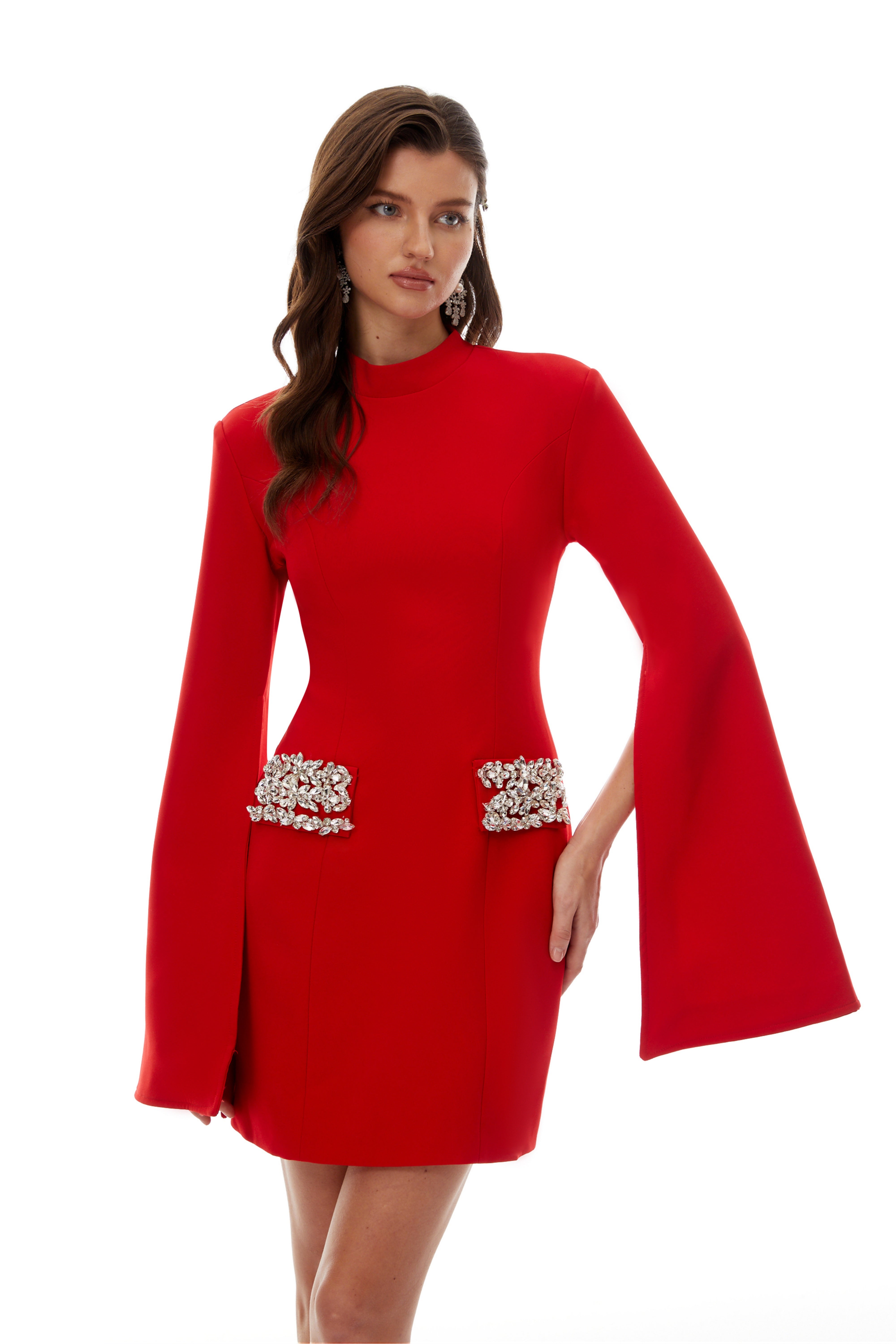 Manon Red Mock Neck Embellished Mini Dress (Final Sale-US Only)