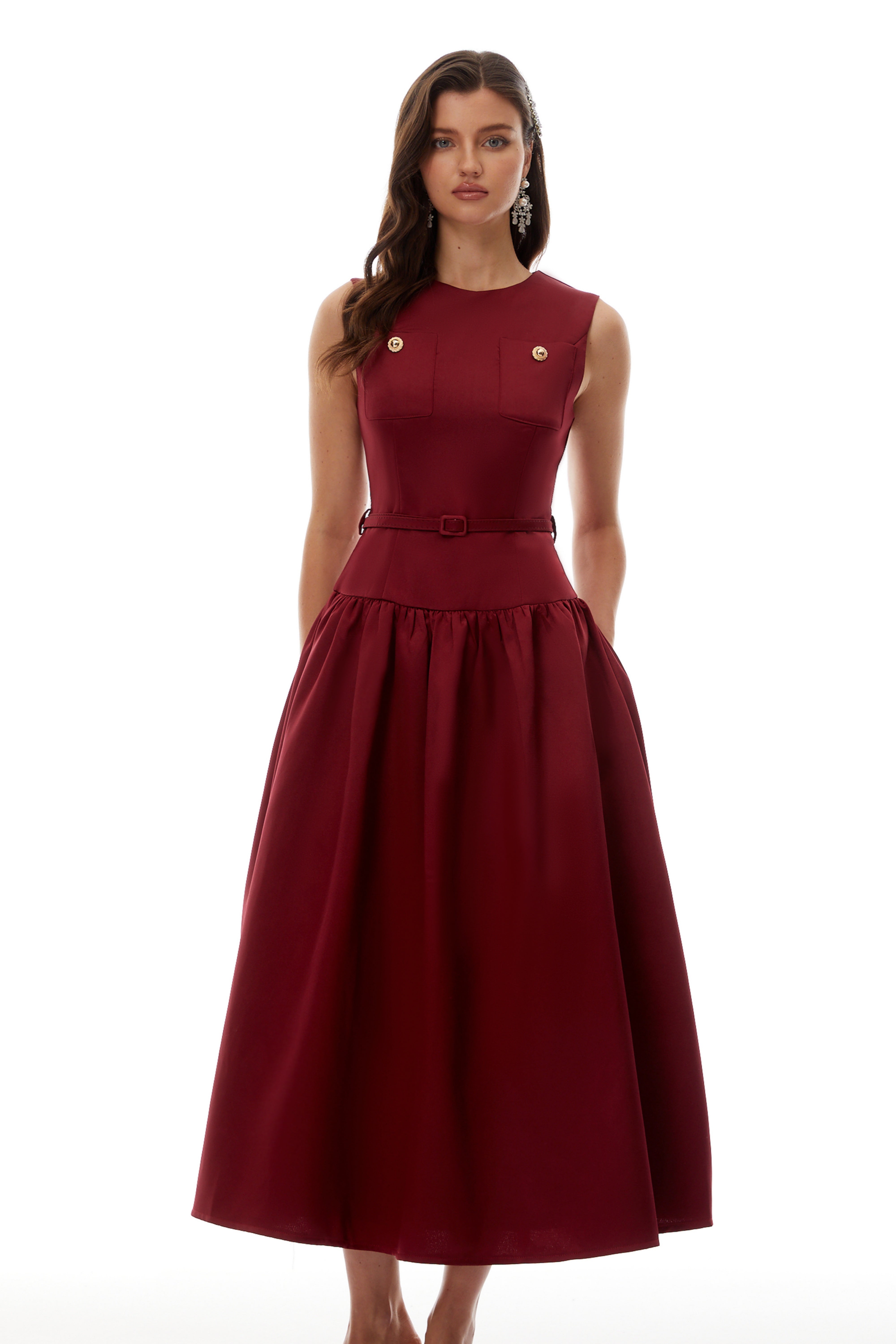 Triana Burgundy Belt Waist Satin Maxi Dress (Final Sale-US Only)