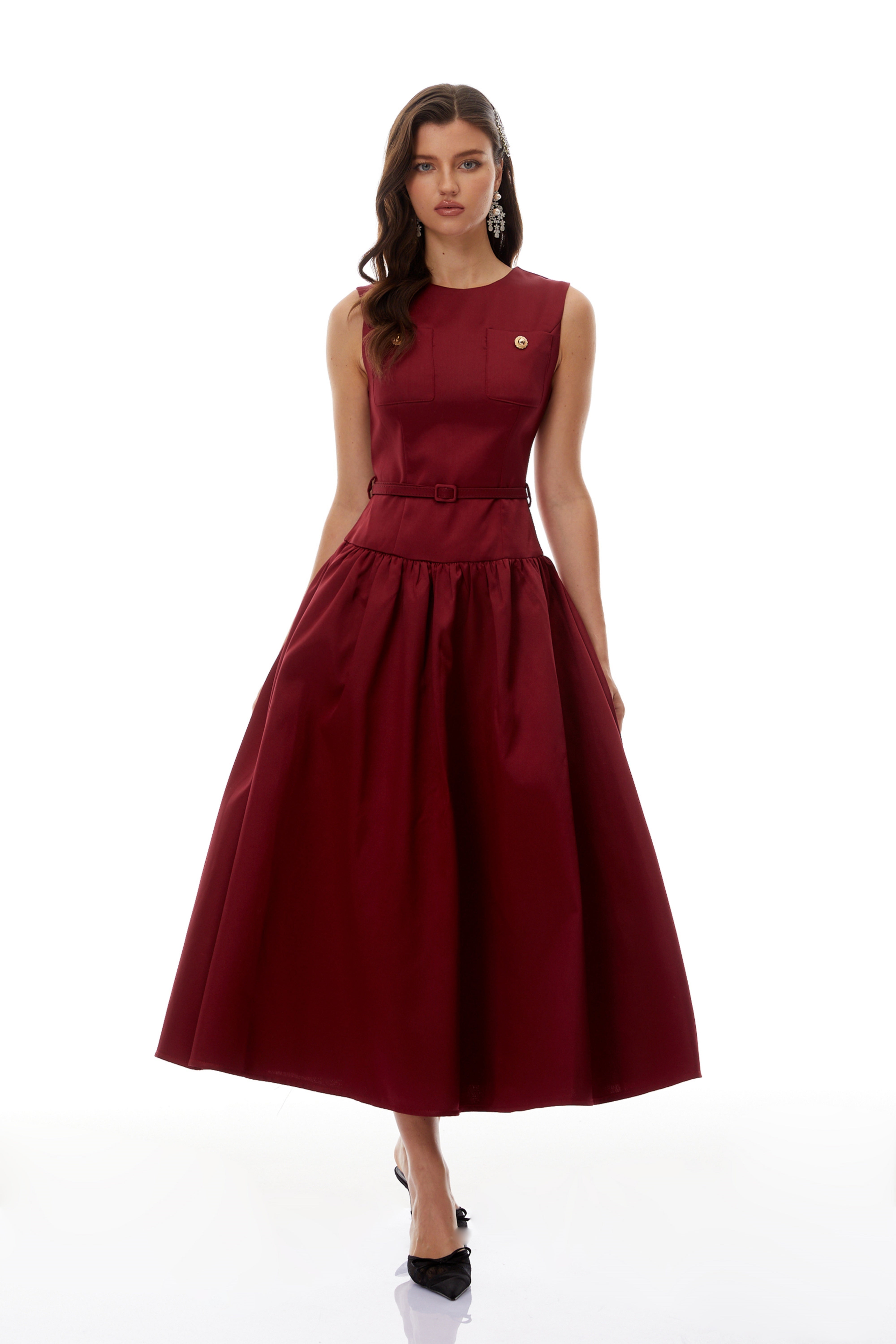 Triana Burgundy Belt Waist Satin Maxi Dress (Final Sale-US Only)