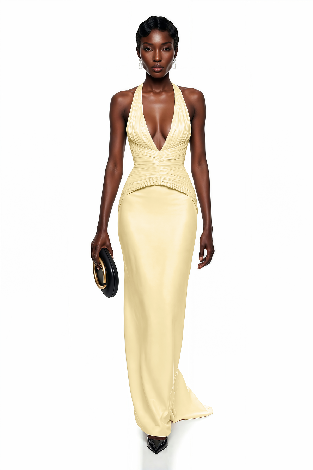 maren yellow halterneck ruched top & skirt set